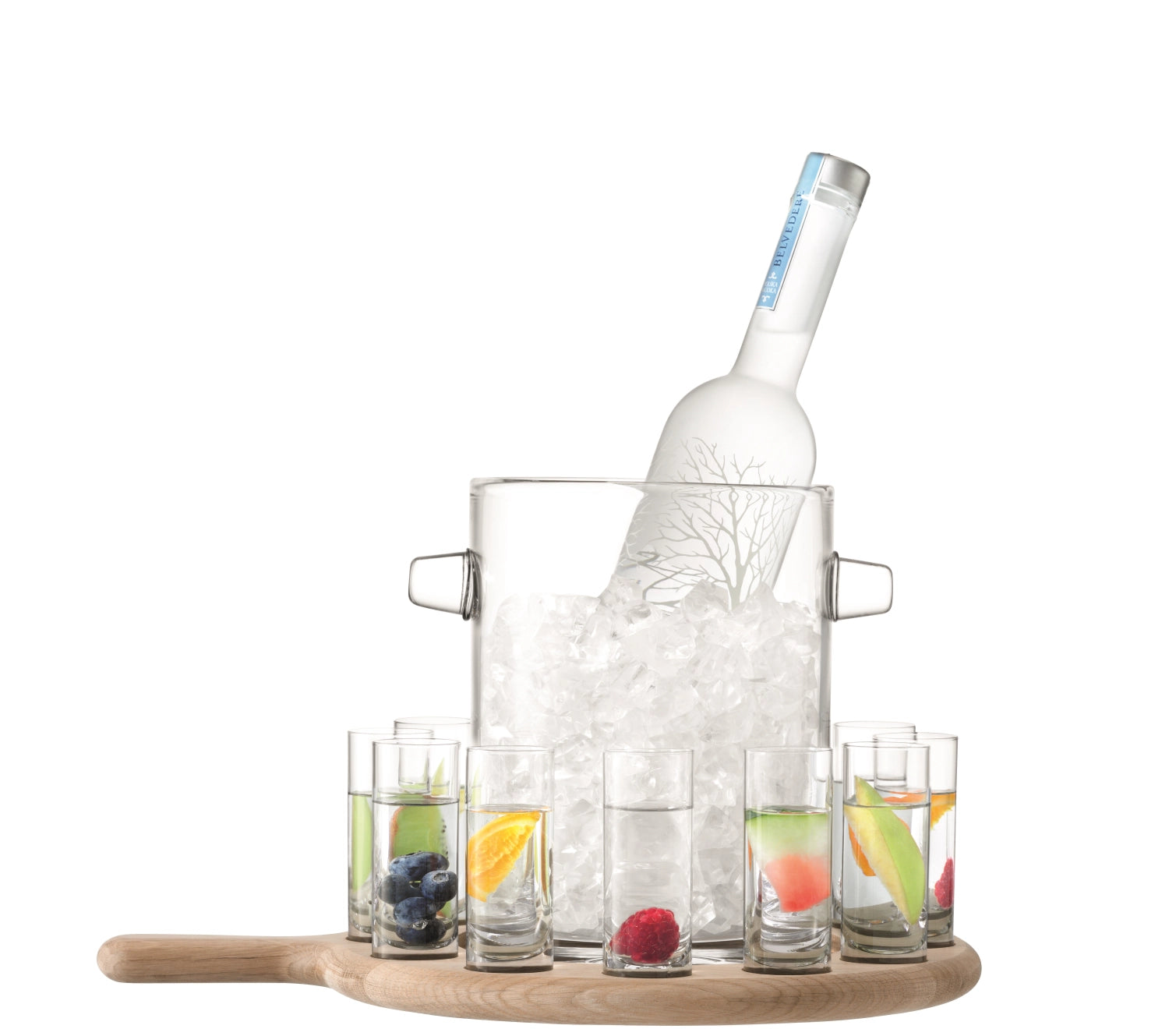 Stilvolles Paddle Wodka Servierset aus Eiche mit klarem Glas, ideal für Schnapsliebhaber. Perfekt für gesellige Abende und elegante Anlässe.