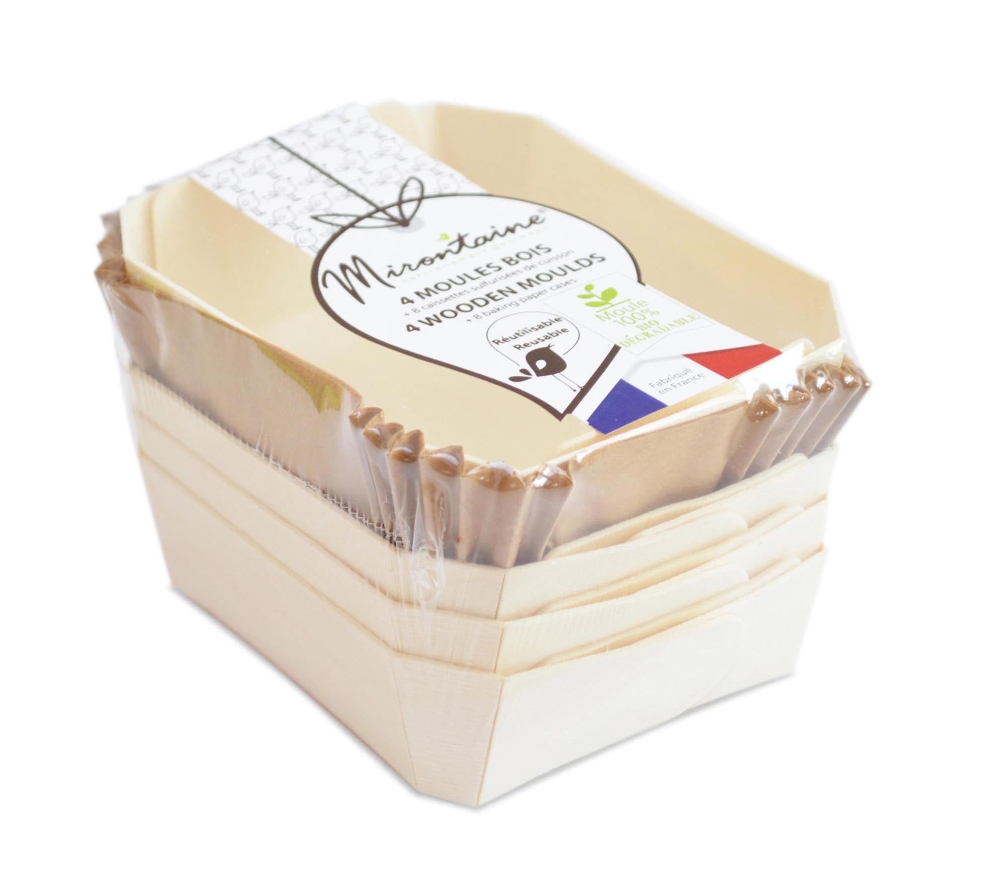 4 Mini Backformen aus Buchenholz, 12x9cm, mit 8 Backpapieren. Hervorragende Wärmeleitung, ideal für kleine Portionen.