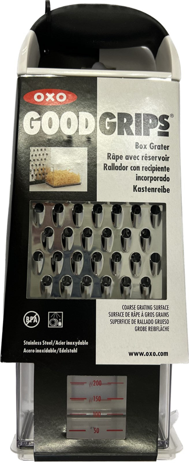 Erleben Sie die OXO 4-seitige Reibe mit Auffangbehälter: Robuster Edelstahl, ergonomische Griffe und vielseitige Reibeflächen für eine mühelose Zubereitung.