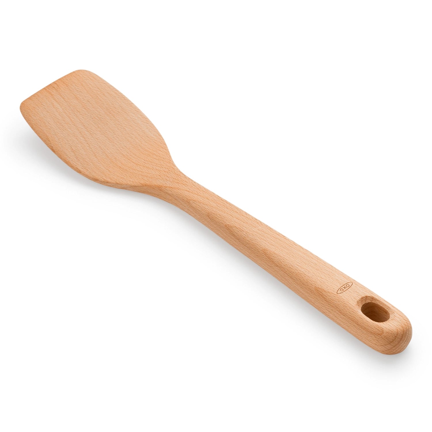 Hochwertiger Bratenwender aus Buchenholz von OXO, ideal zum Wenden von Fleisch und Gemüse, Maße: 34,8 x 6,9 x 2 cm.