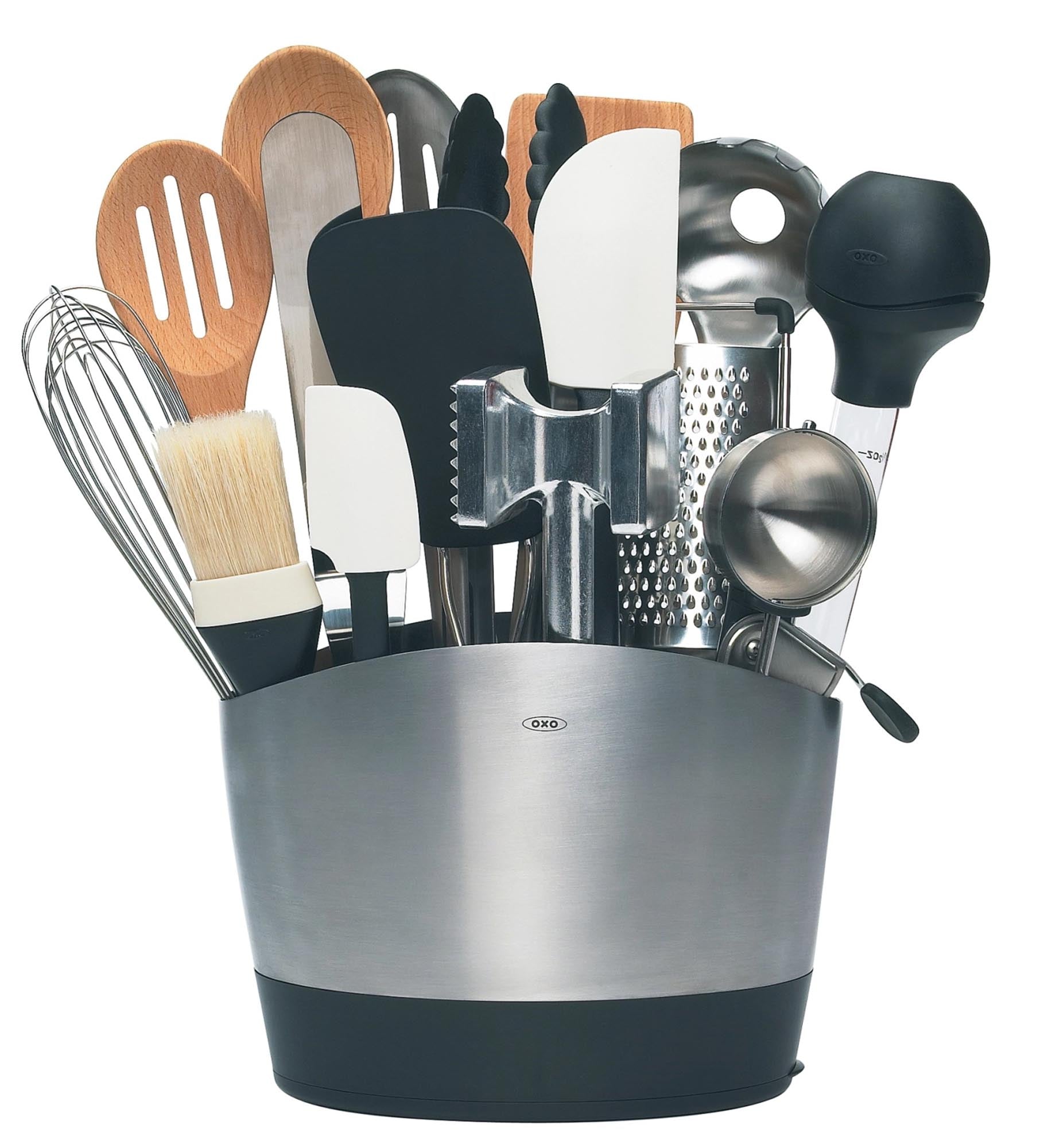 Eleganter OXO Utensilienhalter aus Edelstahl: Funktional, langlebig, mit rutschfester Basis und grossem Fassungsvermögen. Perfekt für jede Küche!