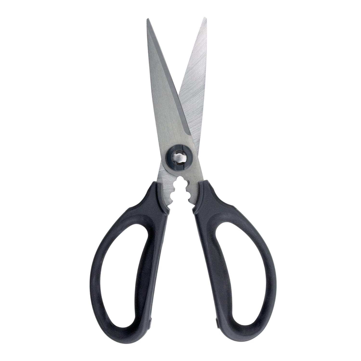 Schwarze Küchen-Kräuterschere von OXO, ideal zum schnellen und präzisen Schneiden von frischen Kräutern, ausgestattet mit ergonomischen Griffen.