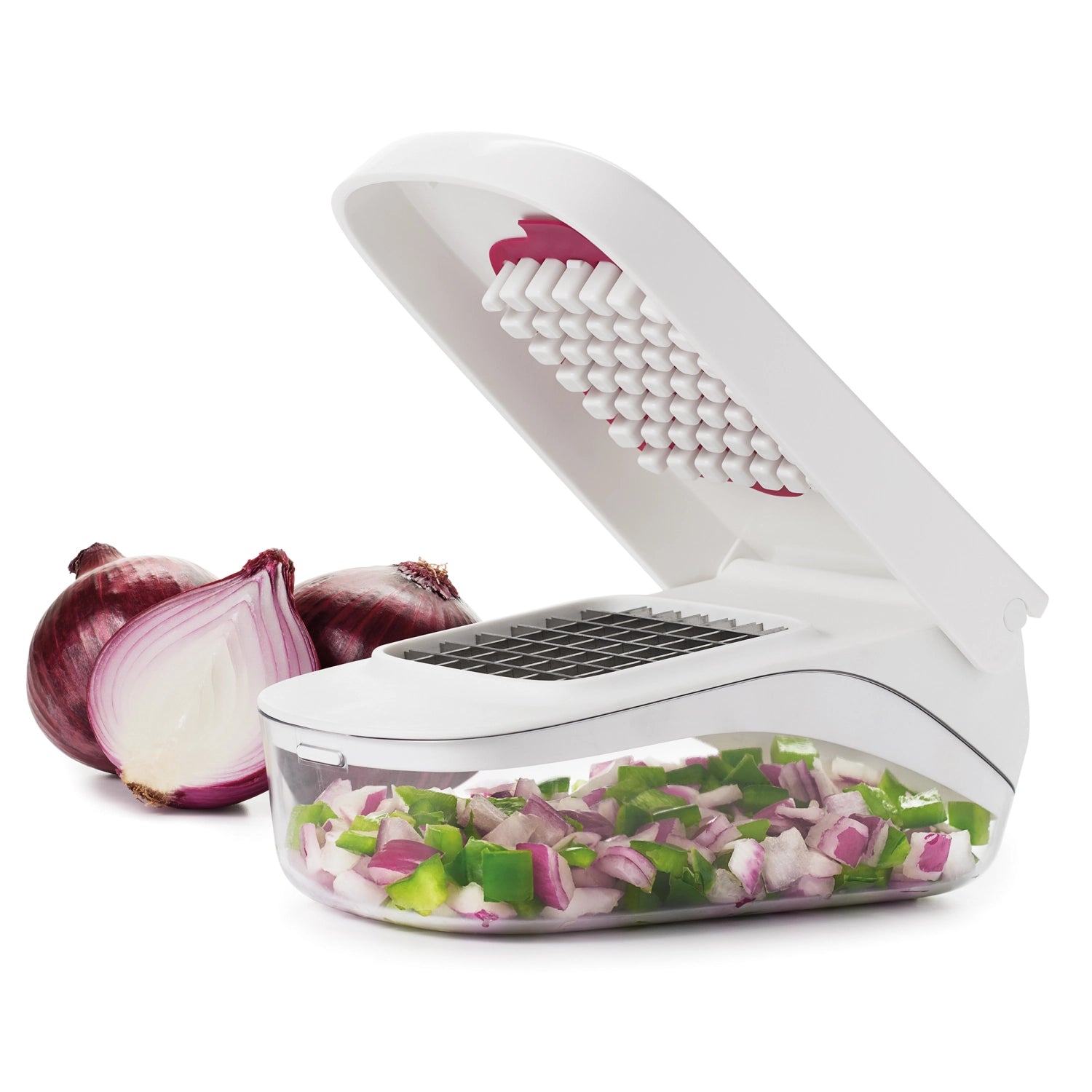 Eleganter Gemüse-Zwiebelschneider in Weiß von OXO, ideal für schnelles und einfaches Zerkleinern von Zwiebeln und Gemüse in der Küche.