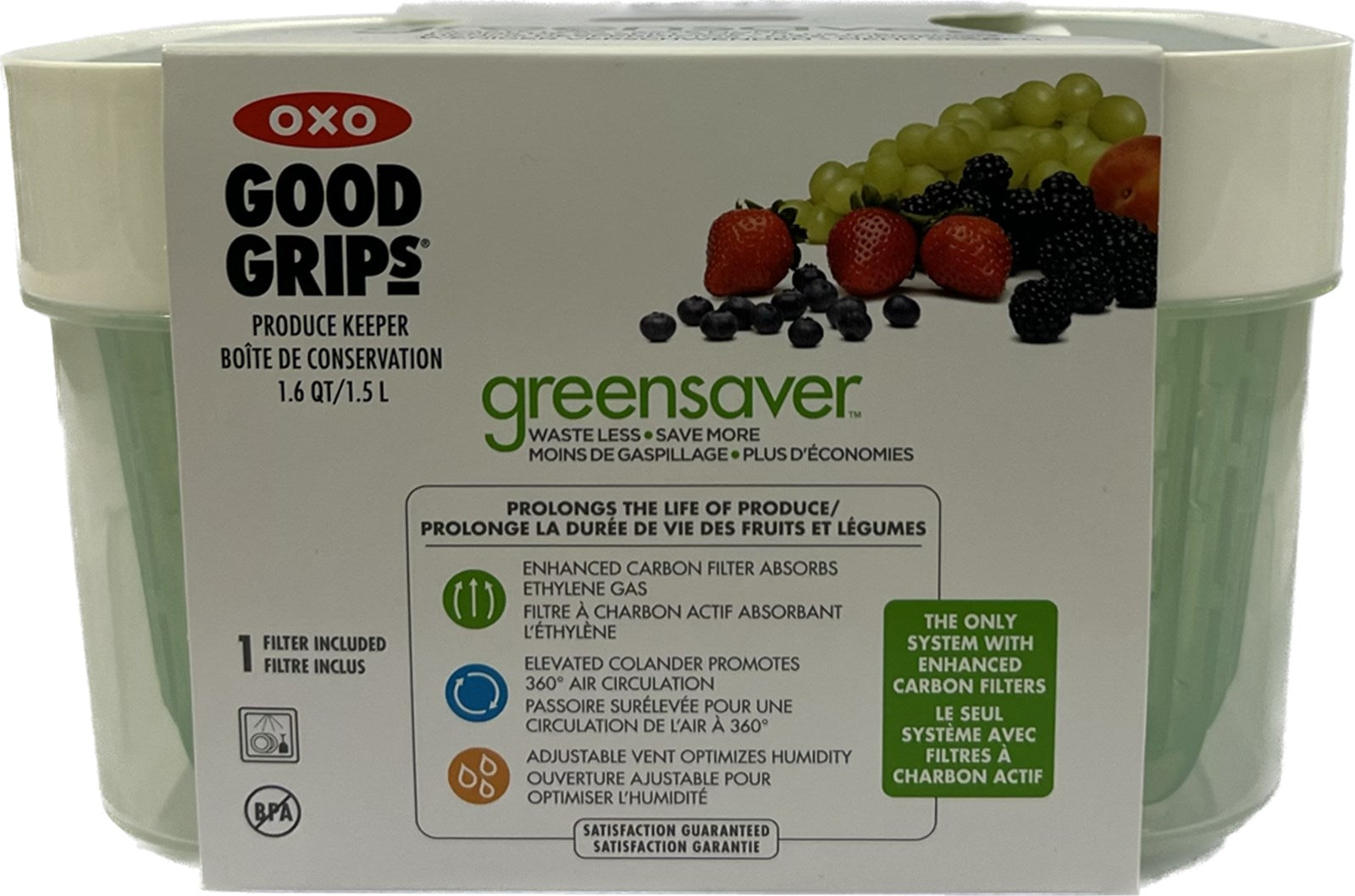 Der OXO Greensaver Aufbewahrungsbehälter (17x15x10 cm) sorgt mit seinem Aktivkohlefilter für langanhaltende Frische von Obst und Gemüse.