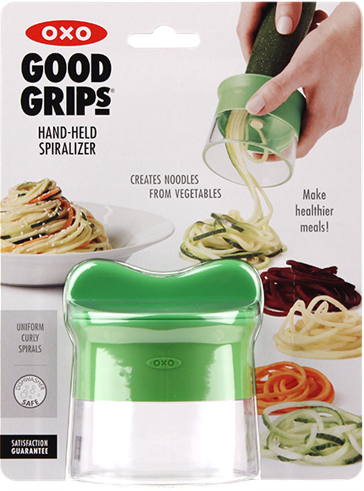 Der OXO Hand-Spiralizer in lebhaftem Grün verwandelt Gemüse in köstliche Spiralen. Ideal für gesunde Gerichte und einfach zu verstauen.