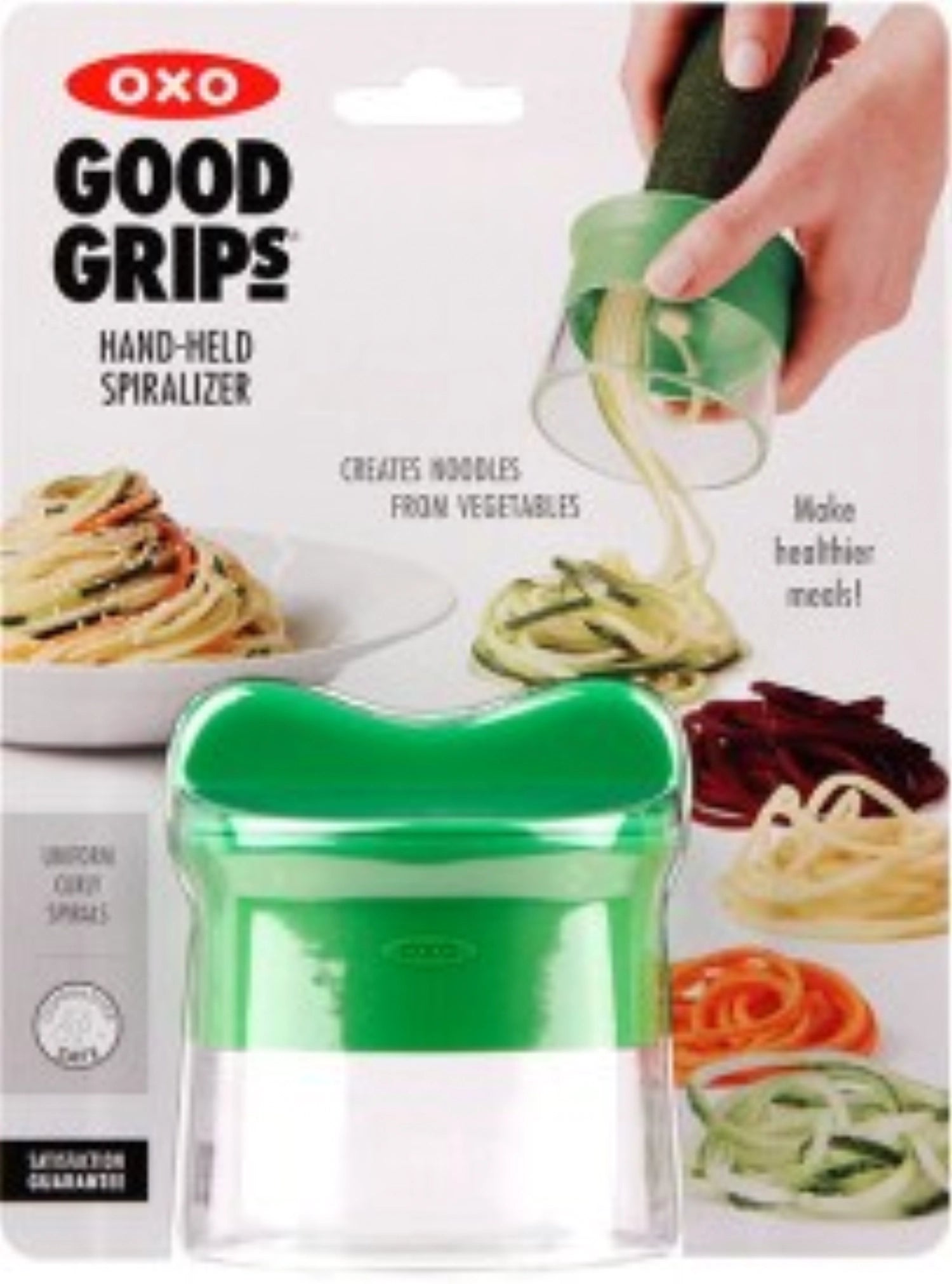 Vielseitiger Hand-Spiralizer in frischem Grün von OXO, ideal zum kreativen Schneiden von Gemüse in spiralförmige Formen für gesunde Mahlzeiten.