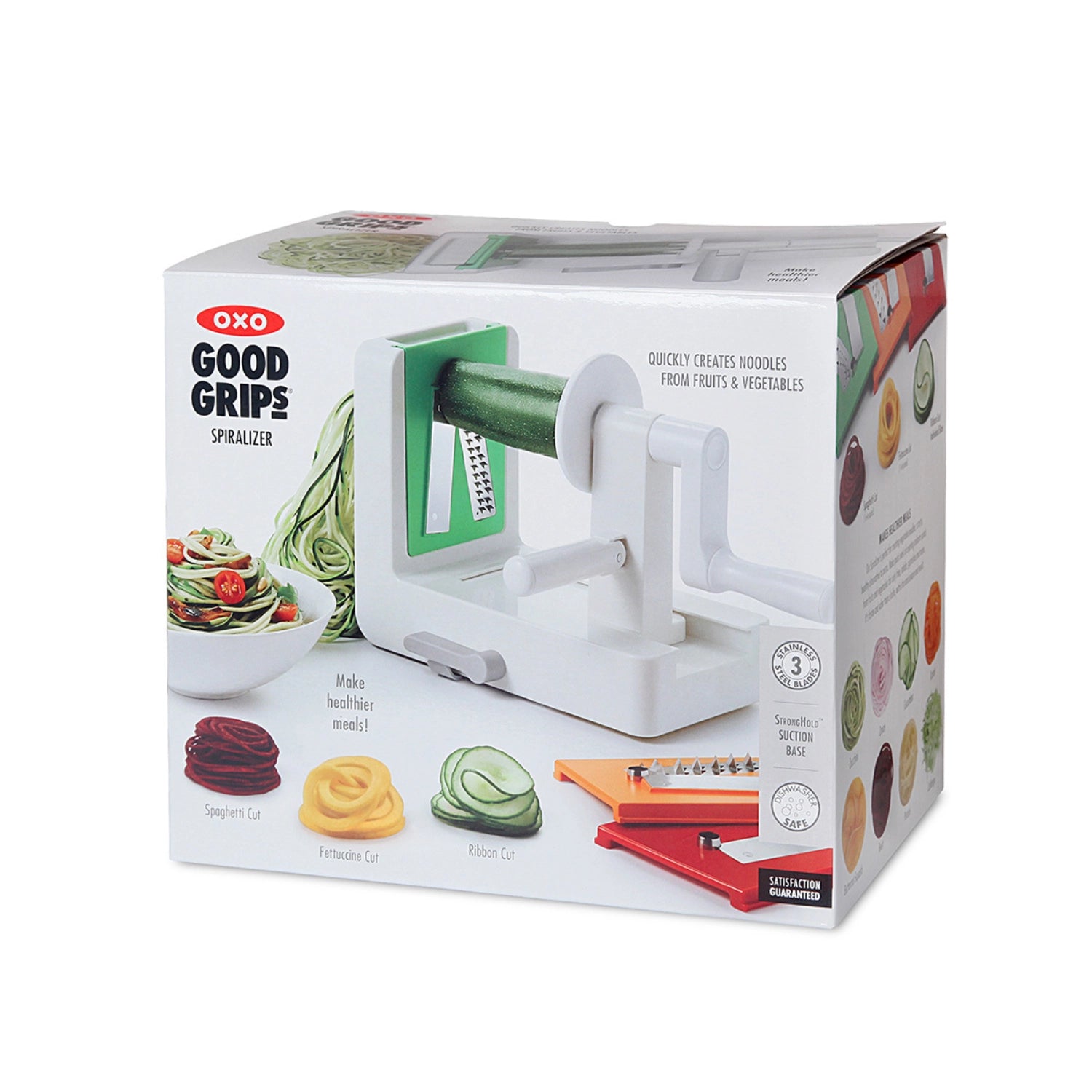 Vielseitiger Spiralizer von OXO mit drei austauschbaren Einsätzen, ideal für die Zubereitung von Gemüsenudeln und kreativen Salaten.