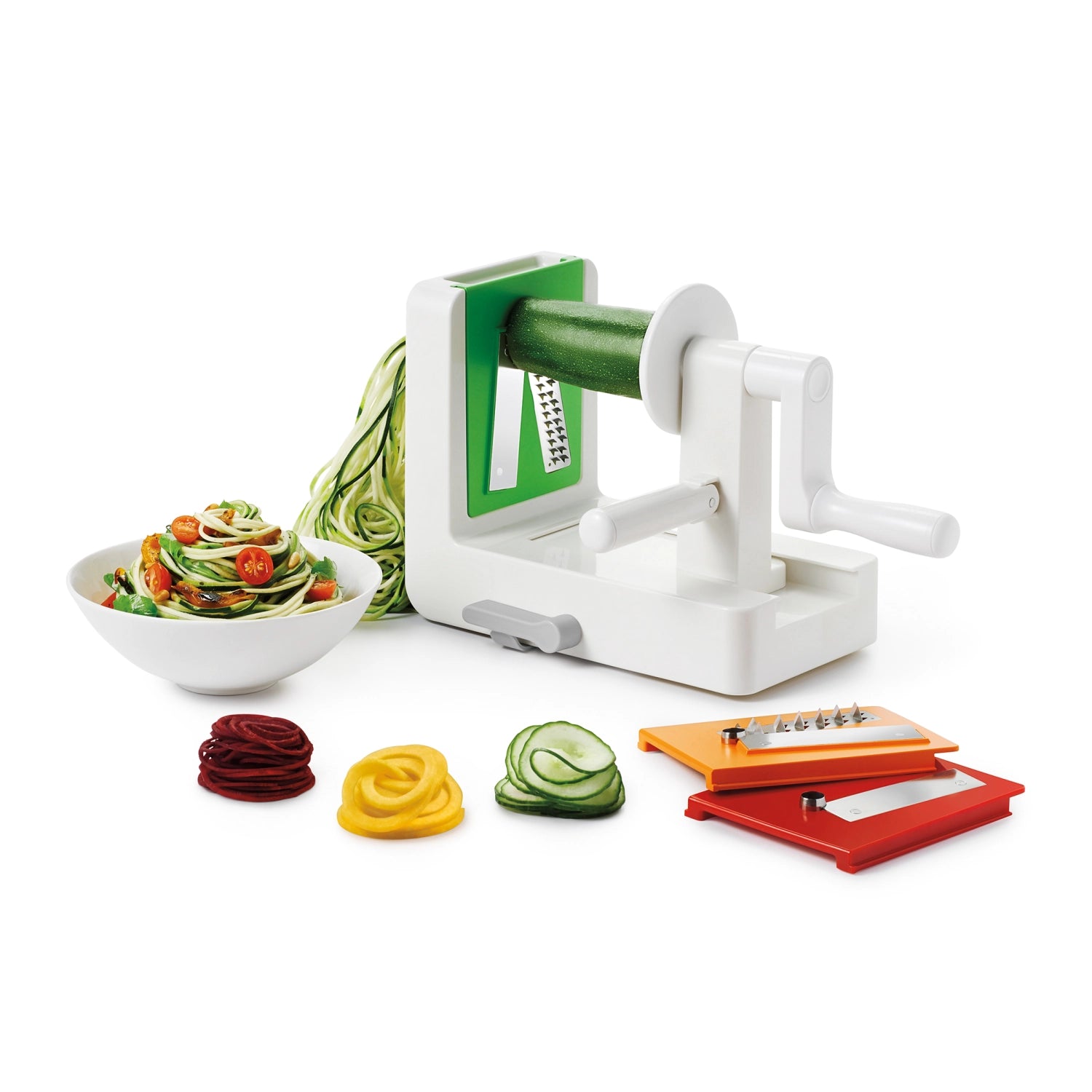 Spiralizer Gemüseschneider von OXO mit 3 Einsätzen, ideal zum Spiralisieren von Gemüse, kompakt und praktisch für die Küche.