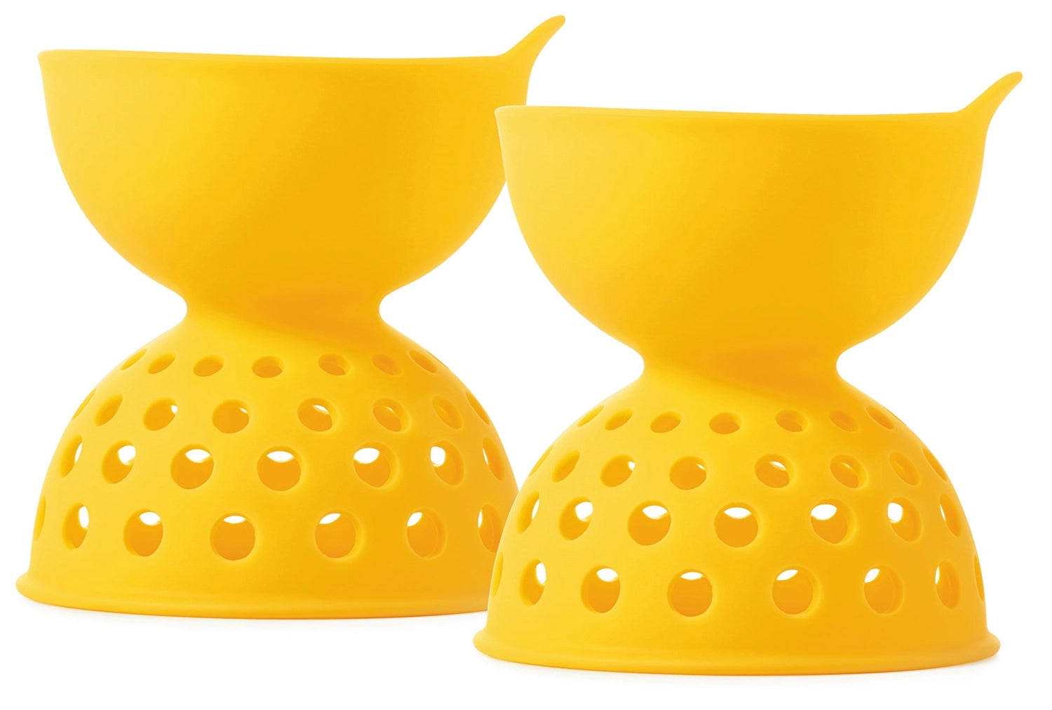 Praktisches 2er Set Eier-Pochierer aus gelbem Silikon von OXO, ideal für die Zubereitung perfekt pochierter Eier in der Küche.
