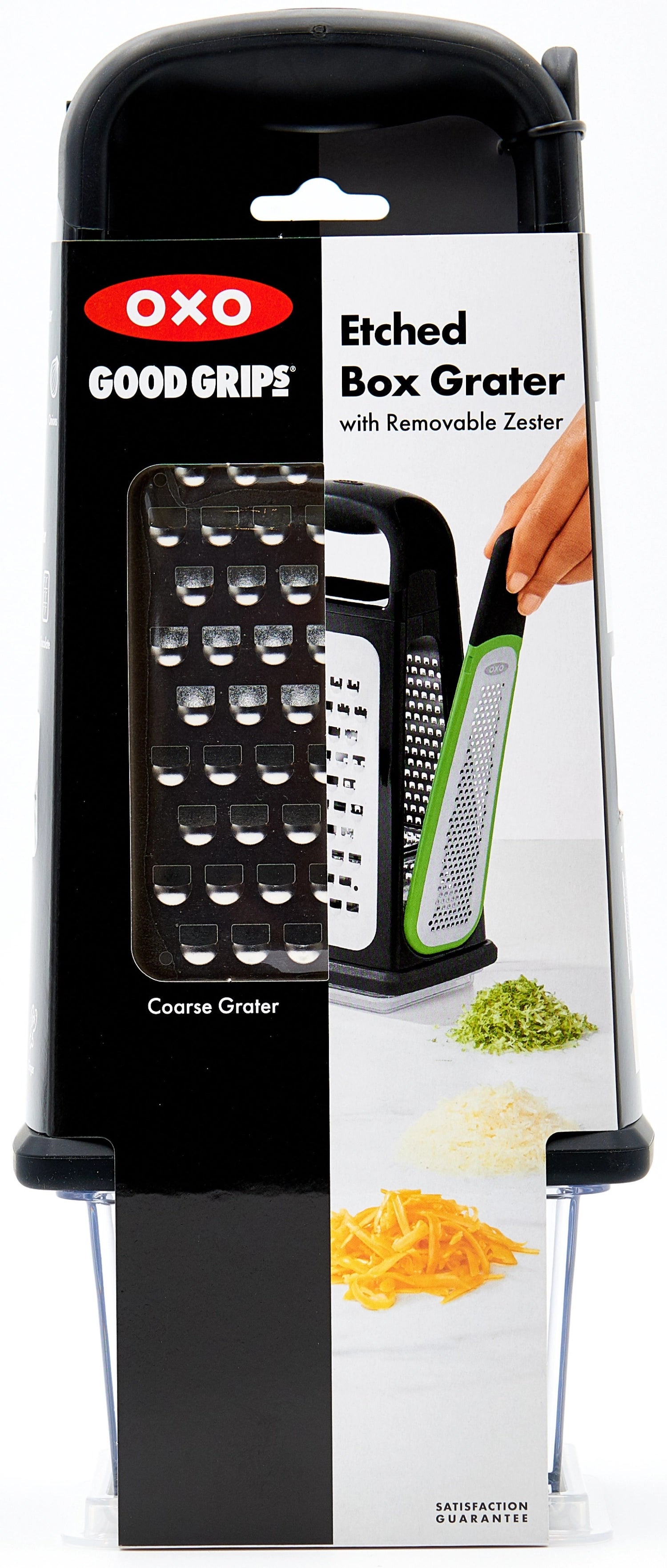 Vielseitige OXO Kastenreibe mit abnehmbarem Zestenreisser, ideal für feines Reiben und Zesten, ergonomisches Design für komfortable Handhabung.