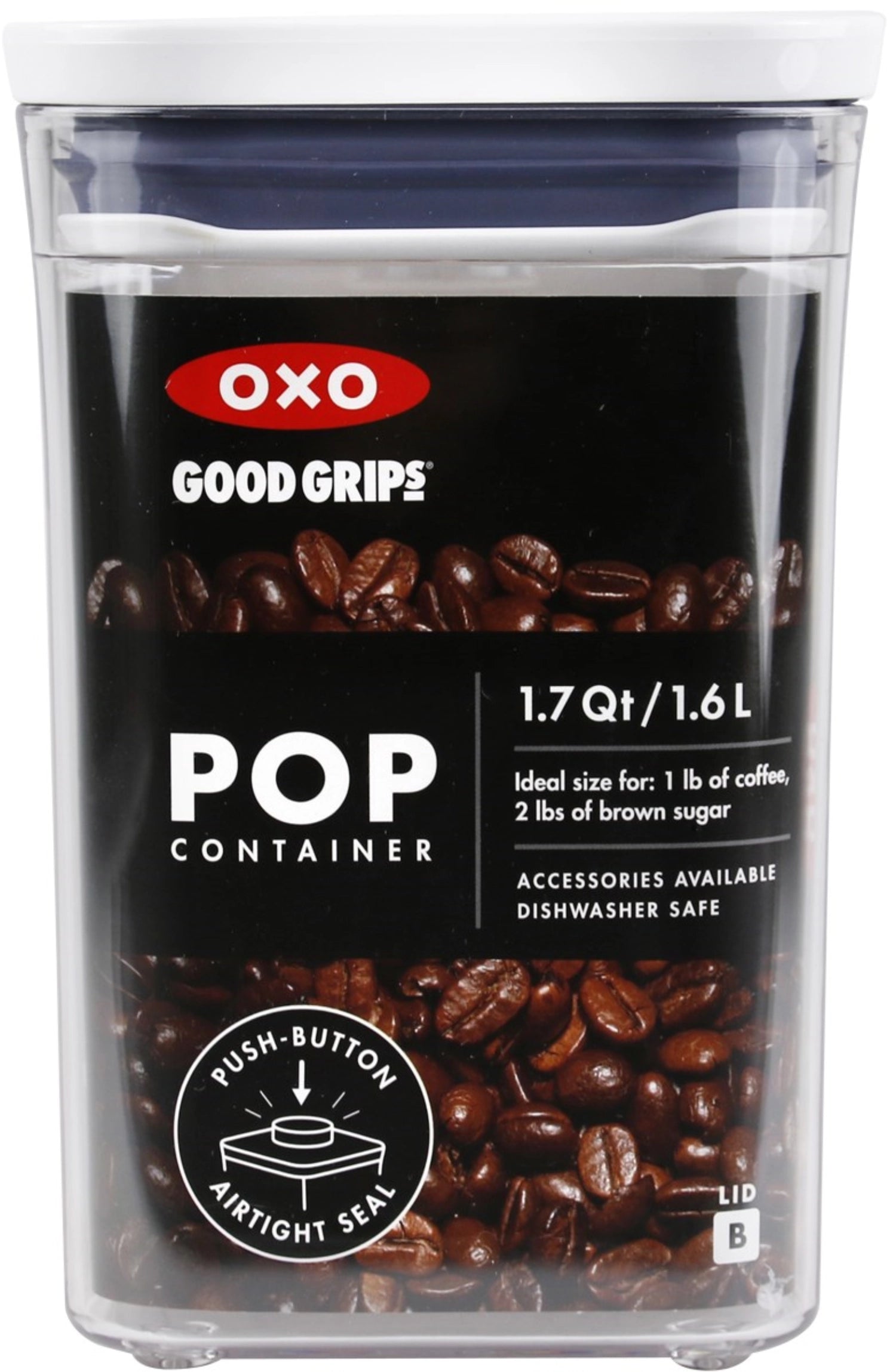 Praktischer OXO POP 2.0 Vorratsbehälter in rechteckiger Form, ideal für die geordnete Lagerung von Lebensmitteln, Größe: 16x10,5x16 cm, 1,6 l.