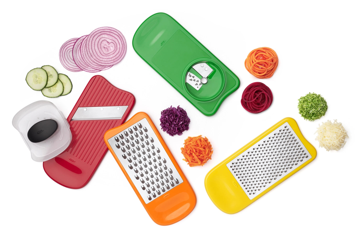 Vielseitiges Mandoline Set von OXO, perfekt für präzises Schneiden und Raspeln, ausgestattet mit benutzerfreundlichem Griff und verschiedenen Klingen.