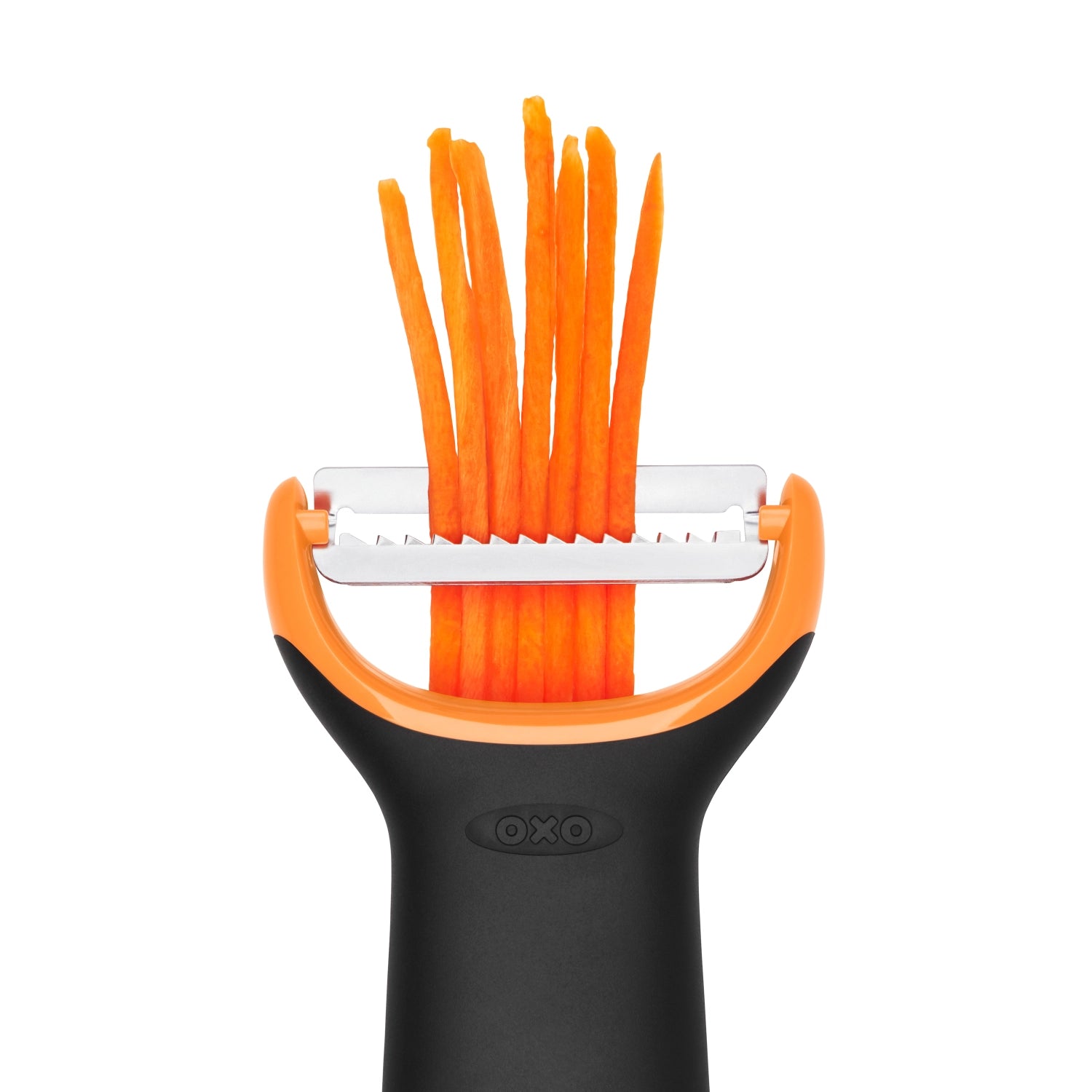 OXO Good Grips Y Schäler mit Julienne-Funktion, perfekt für feines Schälen und kreative Gemüsestreifen, ergonomisches Design für komfortable Handhabung.
