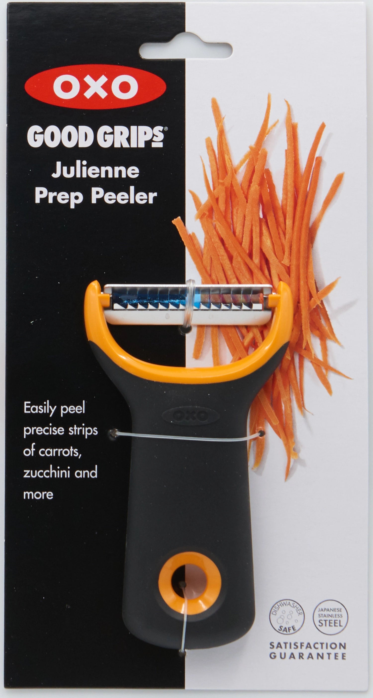 Der OXO Good Grips Präzision Y Schäler mit Julienne-Funktion vereint Komfort und Effizienz für präzises Schälen und kreative Gemüsestreifen.