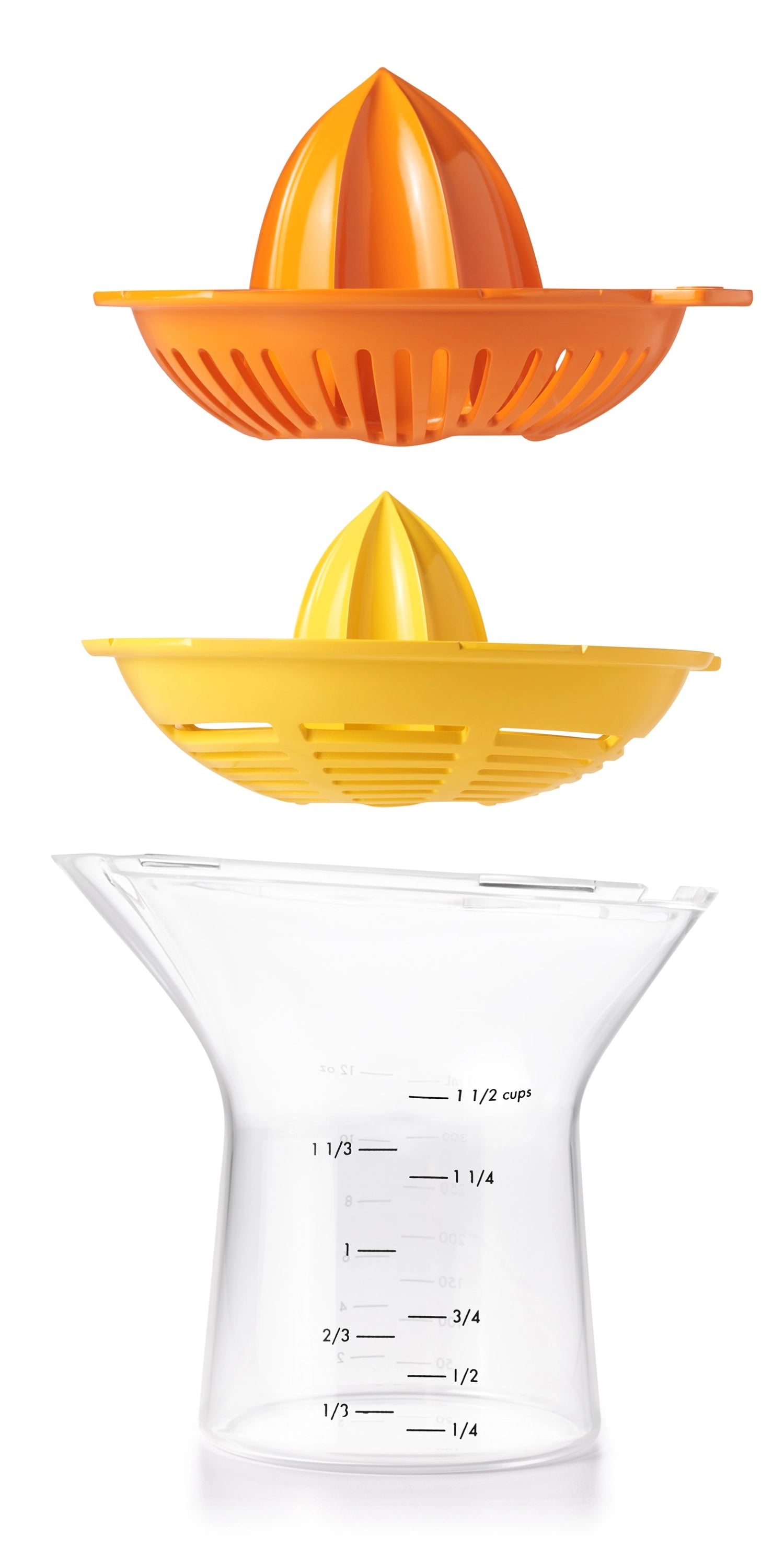 Entdecken Sie die 2-in-1 Zitruspresse 350ml von OXO – ideal für frischen Zitrussaft, ergonomisches Design, tropffreier Ausgießer, spülmaschinenfest.