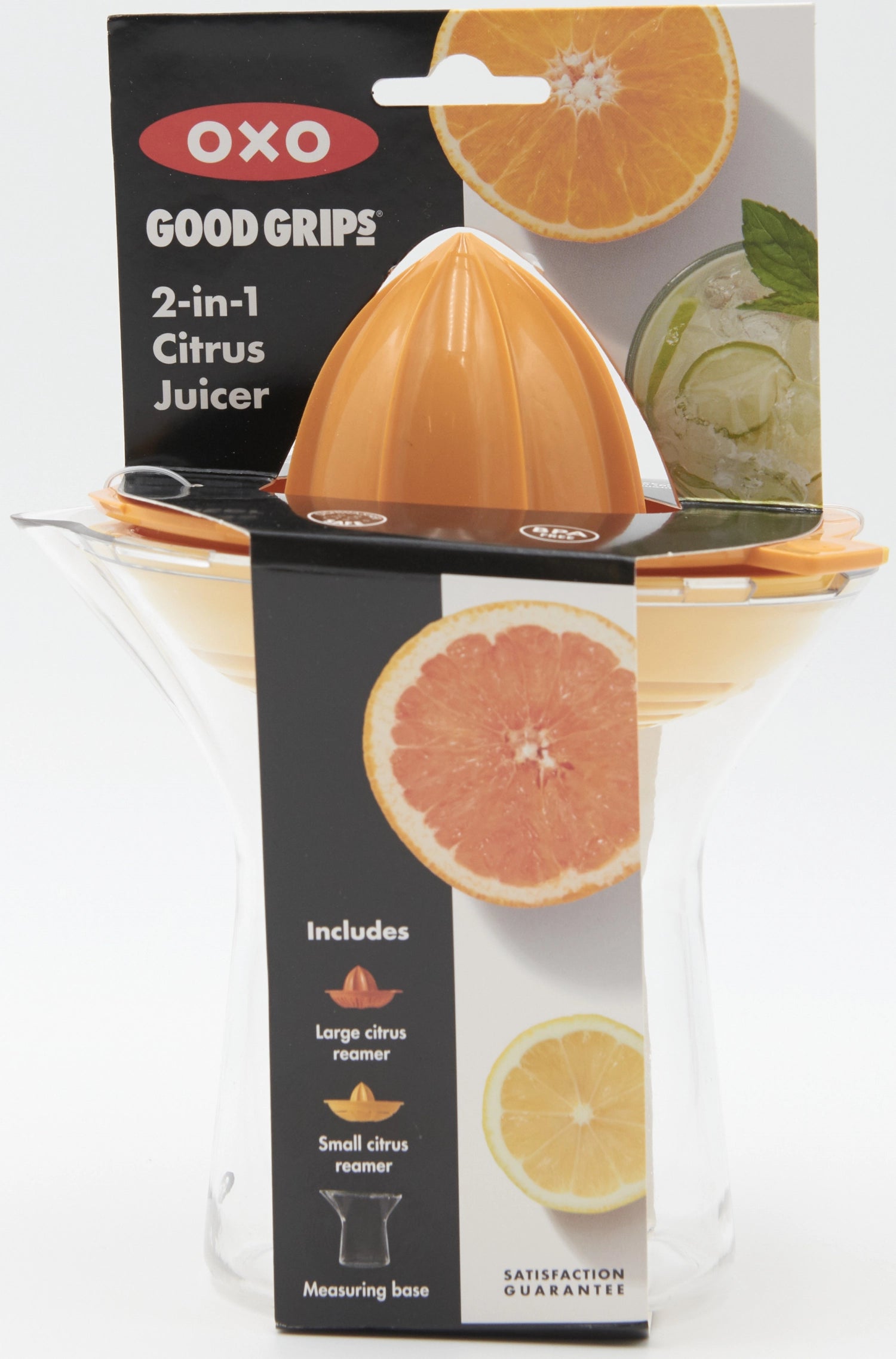 Praktische 2 in 1 Zitruspresse von OXO mit 350ml Fassungsvermögen, ideal für frischen Zitronen- und Limettensaft in der Küche.