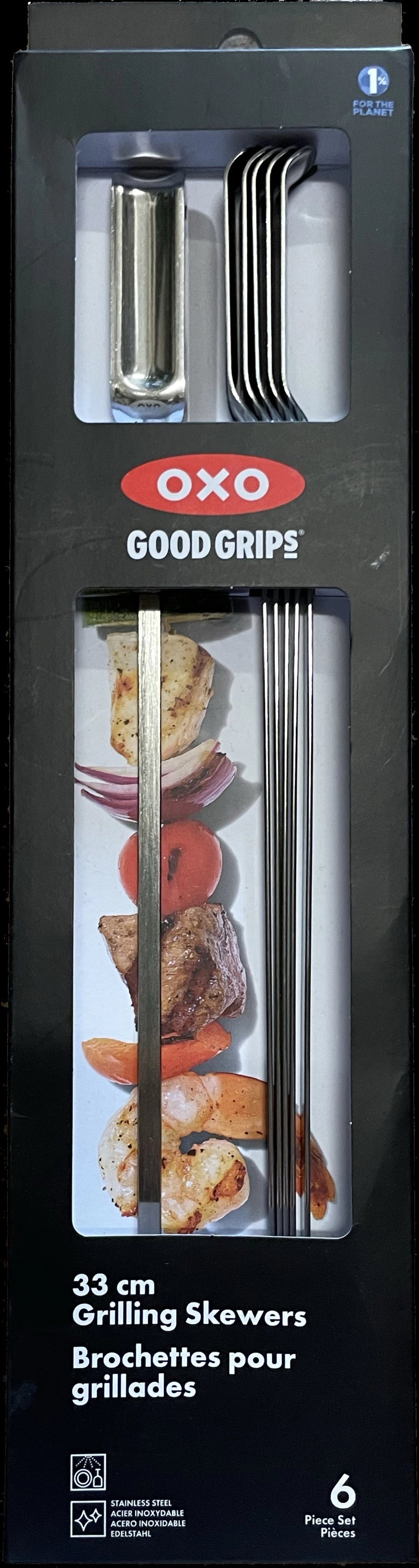 Set aus sechs robusten Grillspießen aus Edelstahl von OXO, perfekt für das Grillen von Fleisch, Gemüse und mehr, für ein unvergessliches BBQ-Erlebnis.