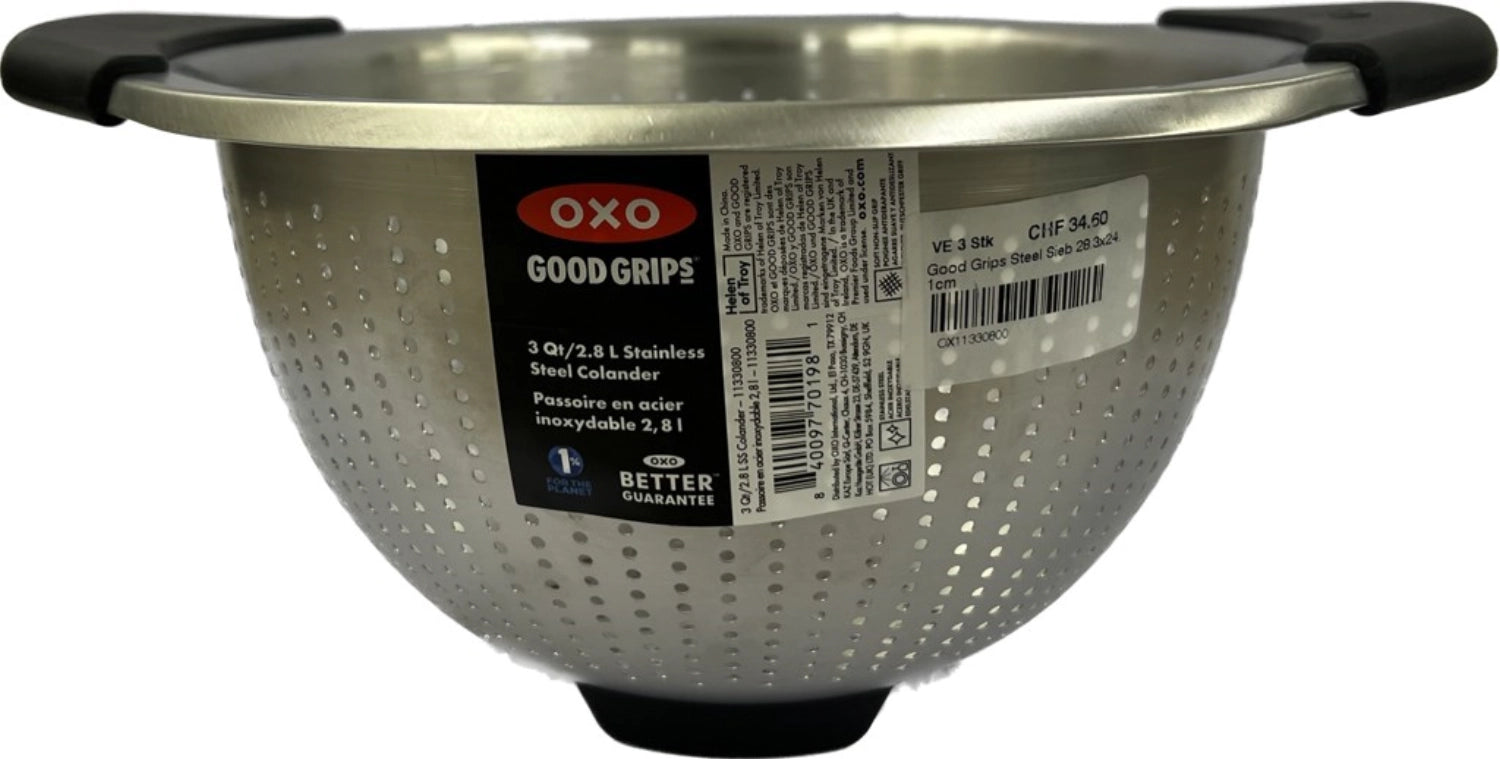 Hochwertiges OXO Good Grips Steel Sieb mit einem Durchmesser von 28,3 cm, ideal für das Abseihen von Lebensmitteln und vielseitige Kücheneinsätze.