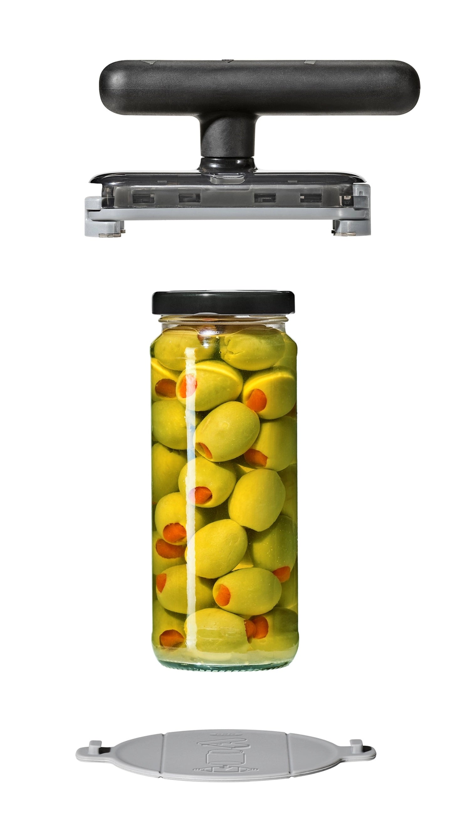 Der OXO Good Grips Glasöffner mit rutschfester Unterlage erleichtert das Öffnen von Gläsern und bietet sicheren Halt für eine komfortable Handhabung.