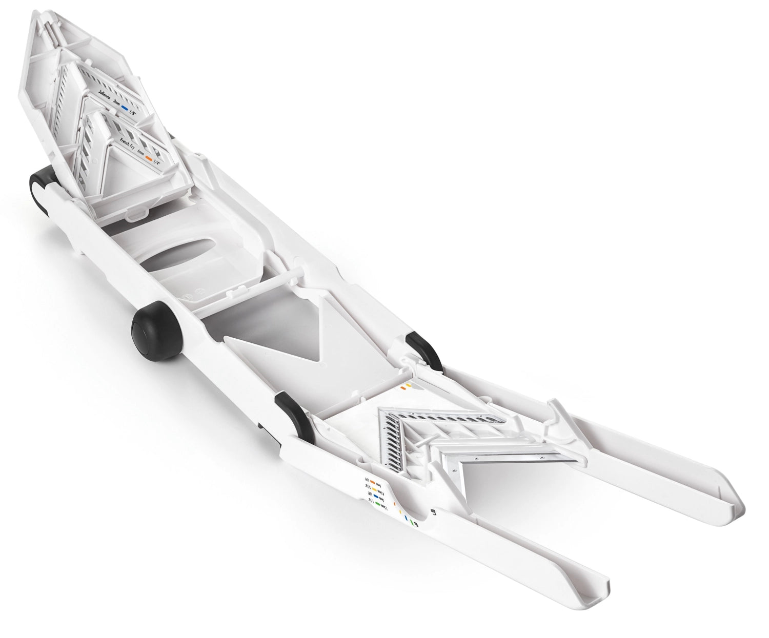 V-Blade Mandoline von OXO, ideal für müheloses Schneiden und Raffeln von Gemüse und Obst, sorgt für gleichmäßige Ergebnisse in der Küche.