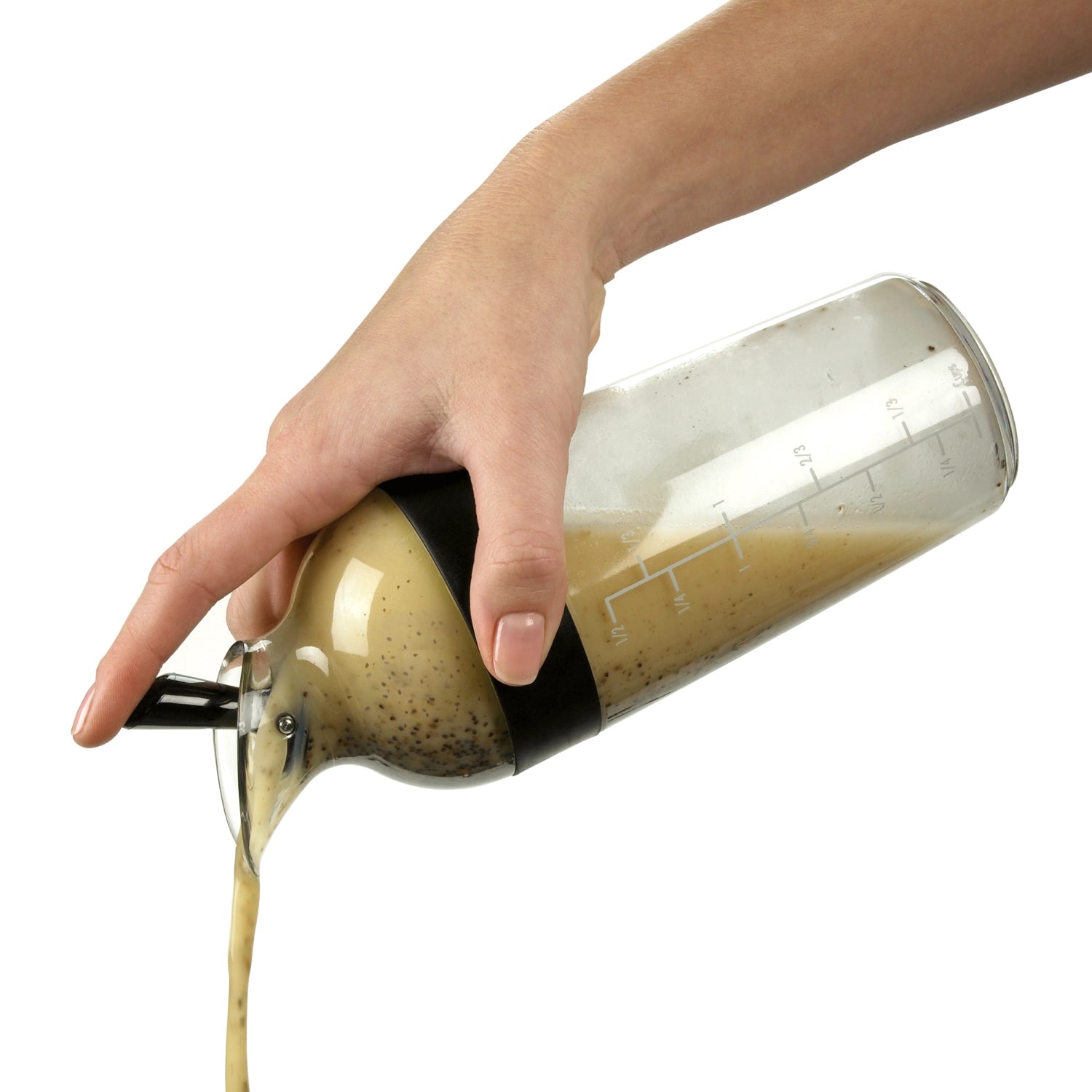 Schwarzer Salatdressing Shaker von OXO, 350ml, ideal zum Mischen und Servieren von Dressings, mit praktischem Schüttelsystem für gleichmäßige Verteilung.