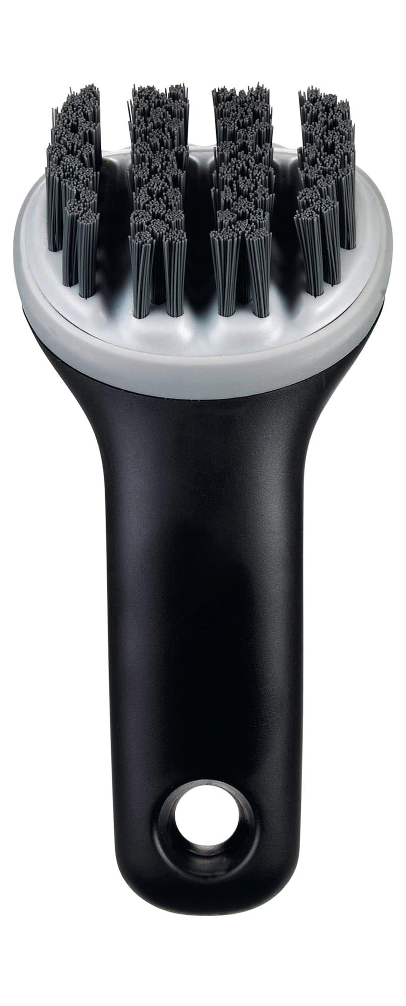 Elegante OXO Bürste in Schwarz: Ergonomisch, rutschfest, strapazierfähige Nylonborsten, ideal für Grill und Toaster.