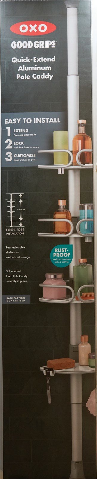 Stylisches OXO Eck-Duschregal aus langlebigem Aluminium mit anpassbarer Spannstange. Bietet viel Platz für Badutensilien und ist pflegeleicht.