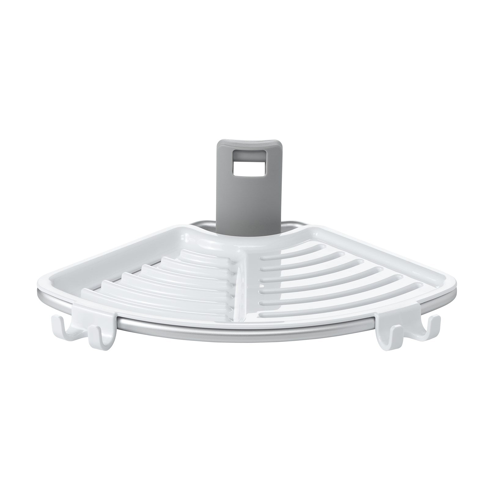 Praktisches OXO Eck-Duschregal aus robustem Aluminium mit flexibler Spannstange. Ideal für Ordnung im Bad und leicht zu reinigen.