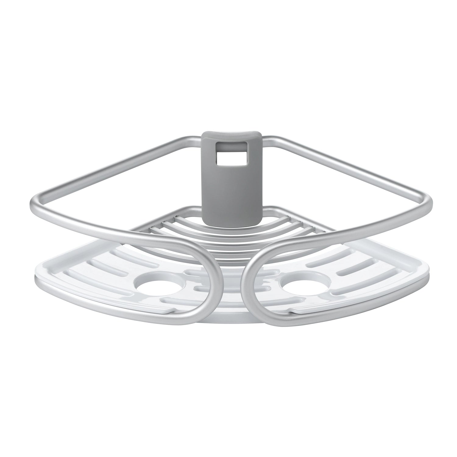 Praktisches Eck-Duschregal von OXO mit ausziehbarer Spannstange aus Aluminium, ideal für die platzsparende Aufbewahrung von Duschutensilien.