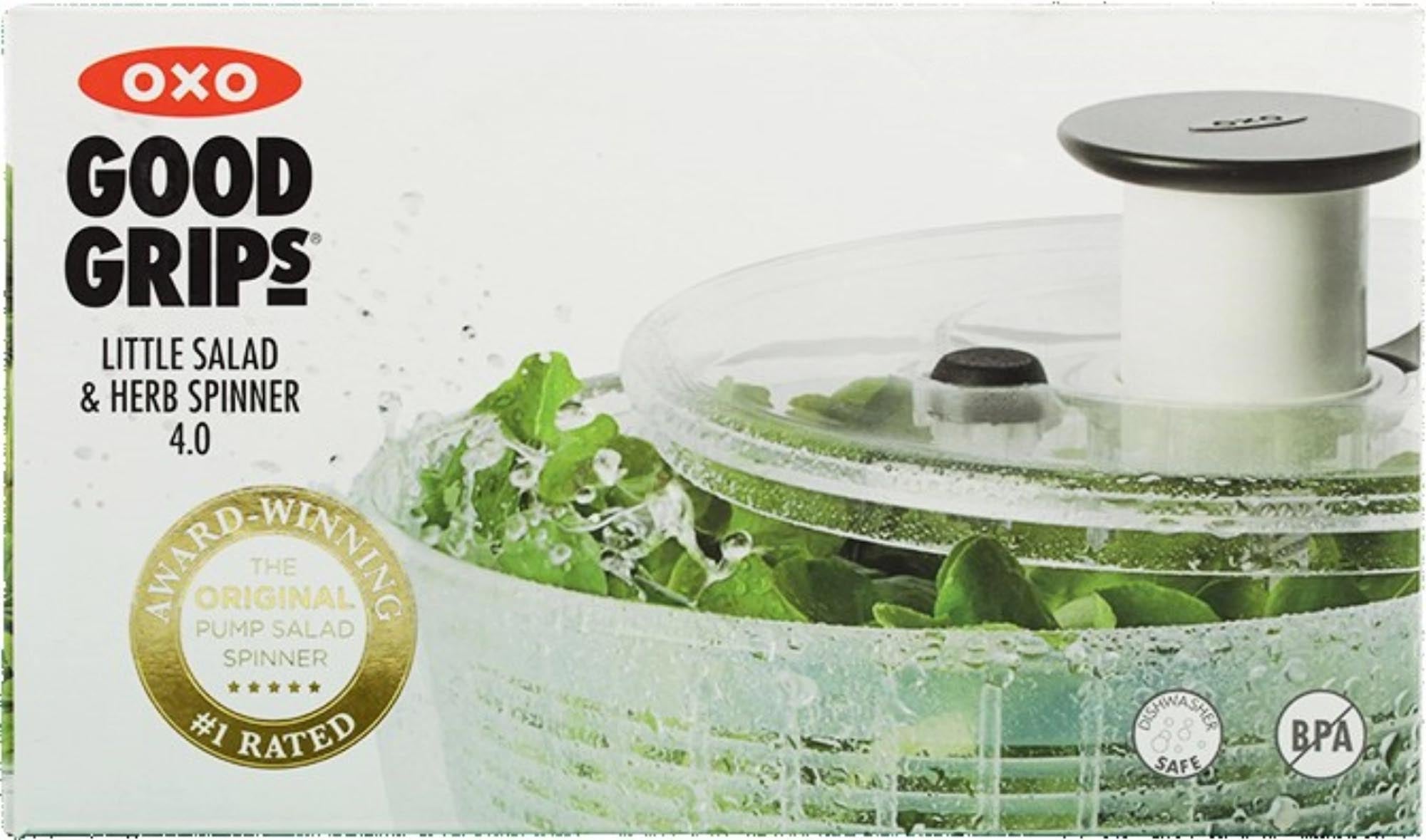 Kleine, runde Salatschleuder von OXO (2.7L) – ideal für knackige Salate. Transparent, benutzerfreundlich und spülmaschinenfest.
