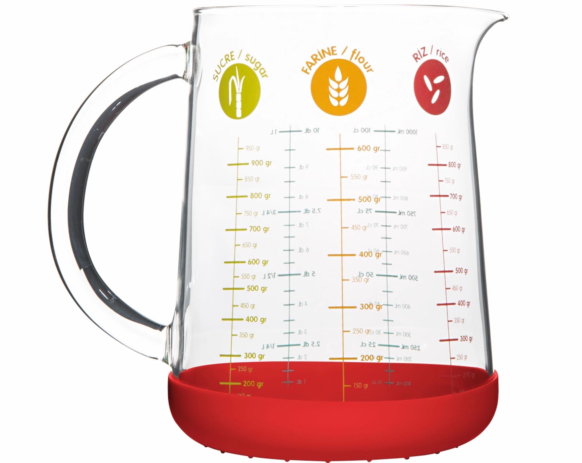 Entdecken Sie den Pebbly Messbecher mit Silikonboden 1L in Rot. Ideal zum Abmessen, Mischen und für Ihre Küche. Spülmaschinenfest und stabil!