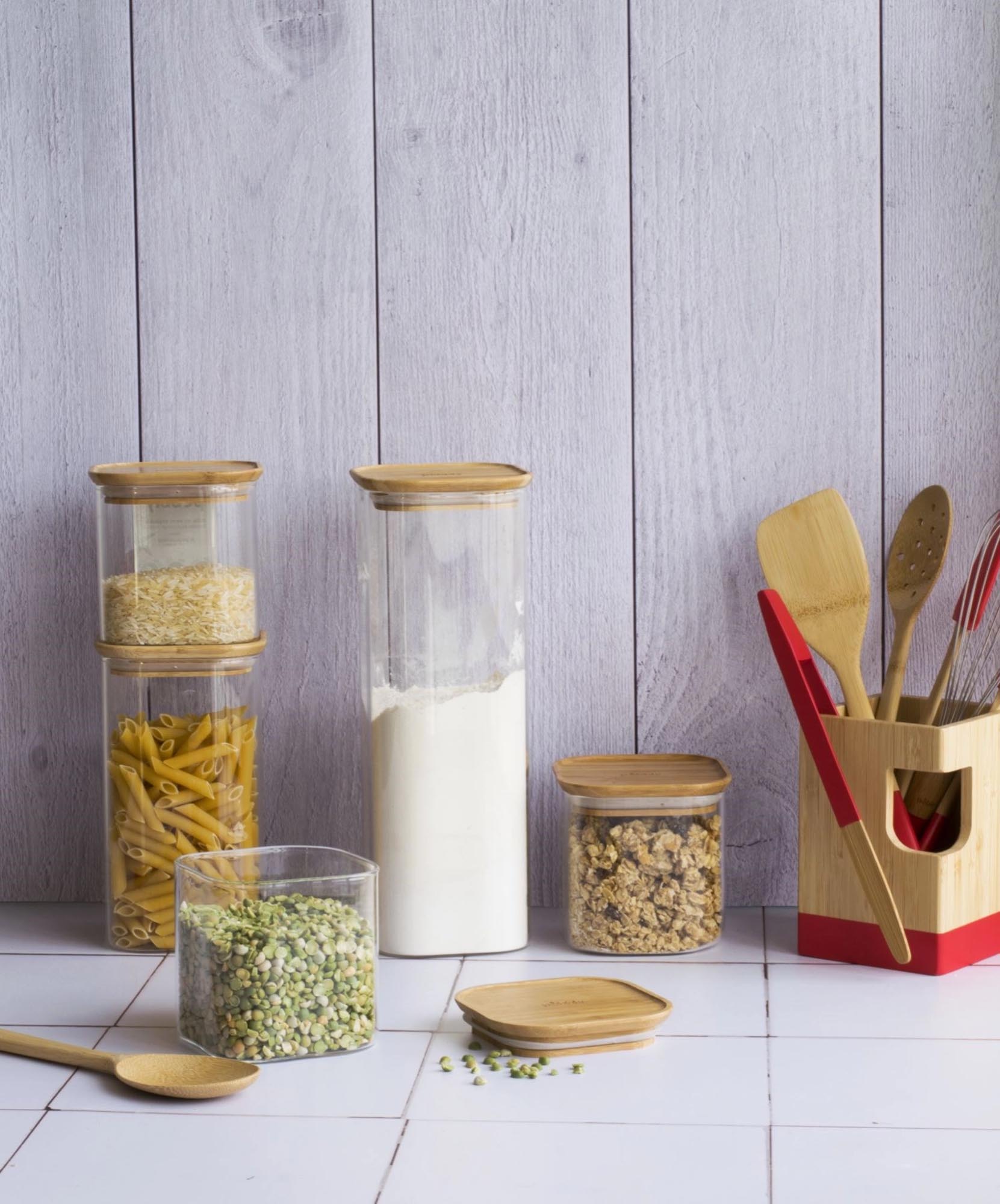 Pebbly Vorratsglas 800ml: Nachhaltig mit Bambusdeckel, 11x11x11cm.