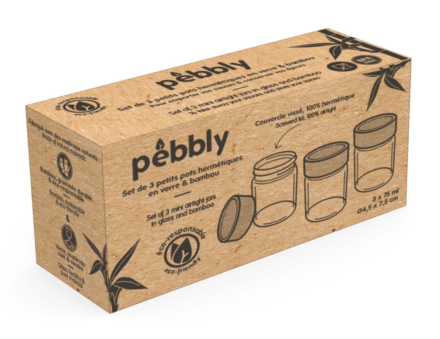 Drei stilvolle 75 ml Vorratsgläser von Pebbly mit umweltfreundlichen Bambusdeckeln, ideal für die praktische Aufbewahrung in der Küche.
