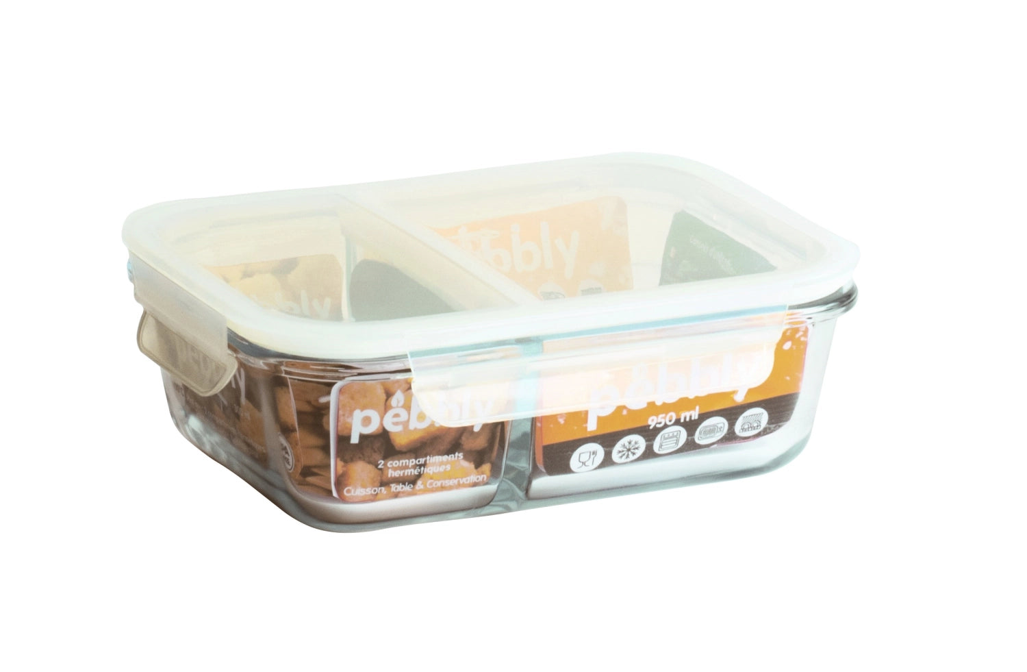 Elegante Pebbly Lunch-Box aus Glas mit 950ml Volumen, ideal für unterwegs, Maße: 20x15x6cm, für gesunde Snacks und Mahlzeiten.