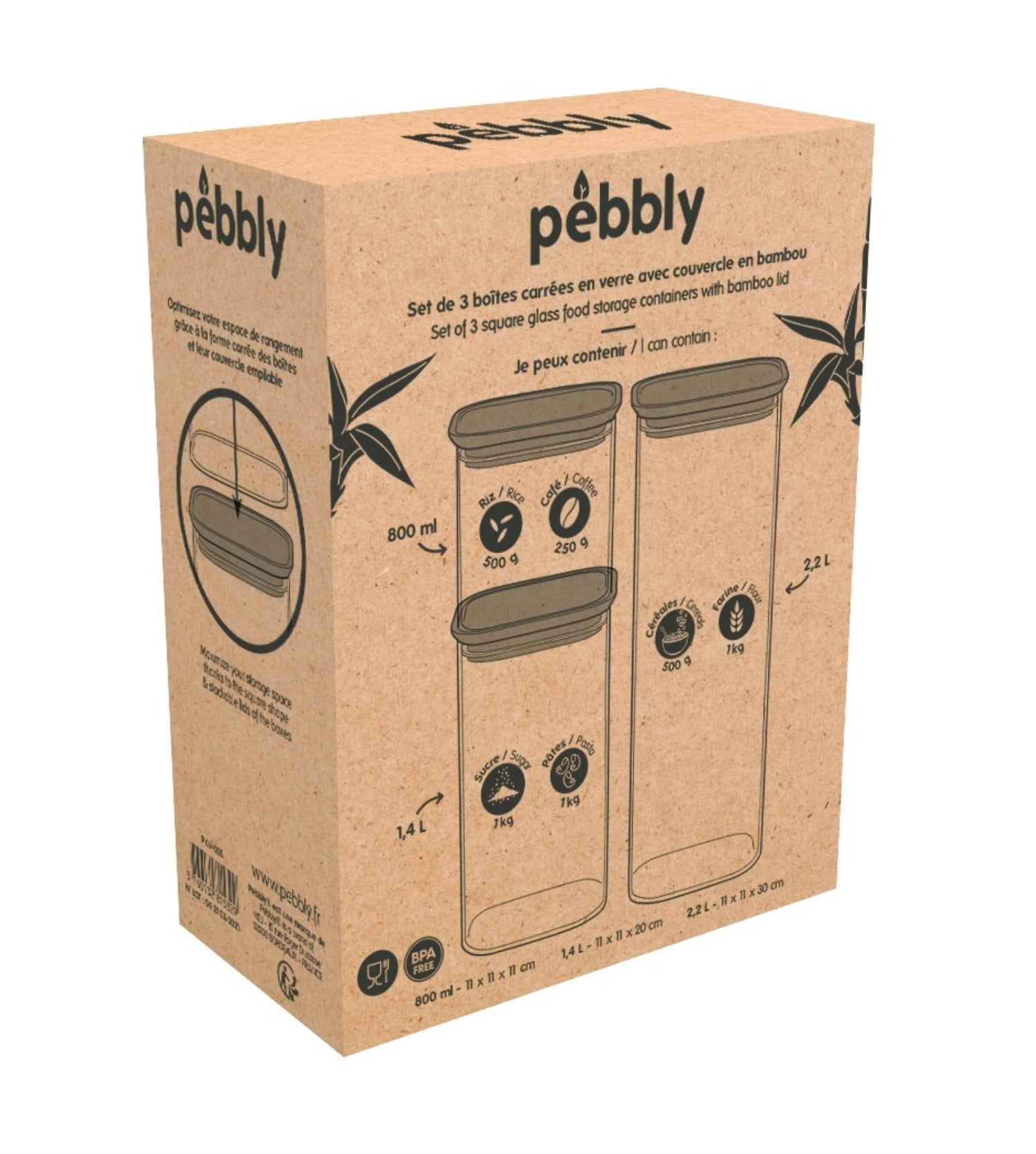 Set of 3 <tc>Pebbly</tc> Storage jar with bamboo lid 0.8, 1.4, 2.2lt
