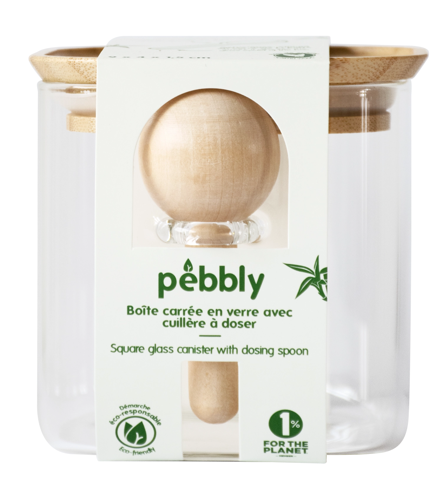 Erleben Sie das elegante Pebbly Vorratglas (0,8l) mit Bambusdeckel und Messlöffel – ideal für frische, nachhaltige Lebensmittelaufbewahrung.