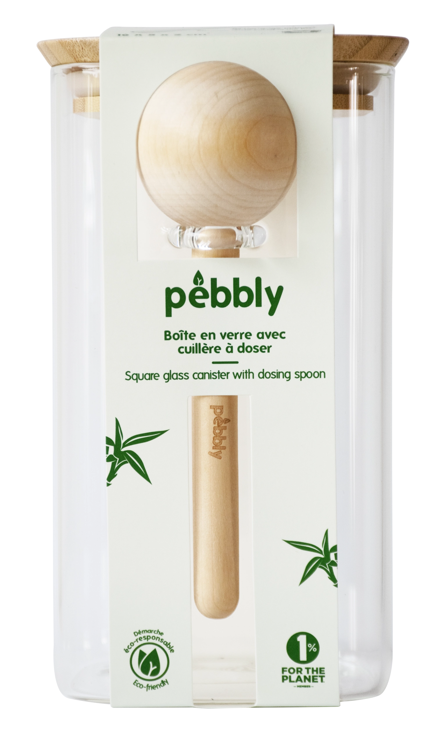 Elegantes Vorratsglas von Pebbly mit 1,4 l Volumen, inklusive nachhaltigem Bambusdeckel und praktischem 15 ml Messlöffel für eine stilvolle Aufbewahrung.