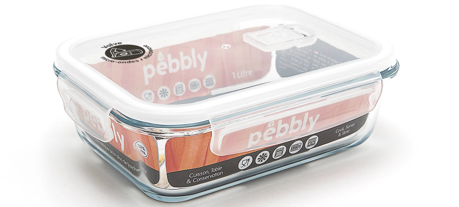 Entdecken Sie die Pebbly Glas Vorratsdose mit Ventil, rechteckig 65cl. Ideal für frische Lebensmittel, luftdicht und stilvoll. Perfekt für Ihre Küche!