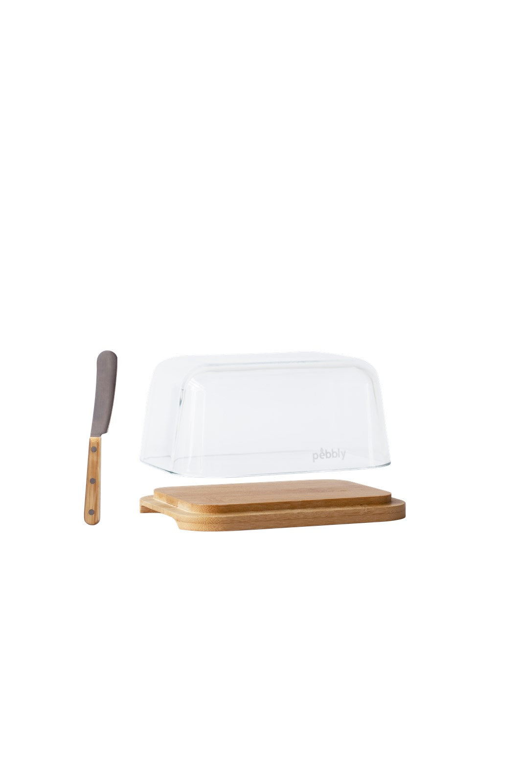 Stilvolle Bambus Butterdose von Pebbly mit Glasoberteil und Buttermesser. Hält Butter frisch und hygienisch, ideal für jede moderne Küche.
