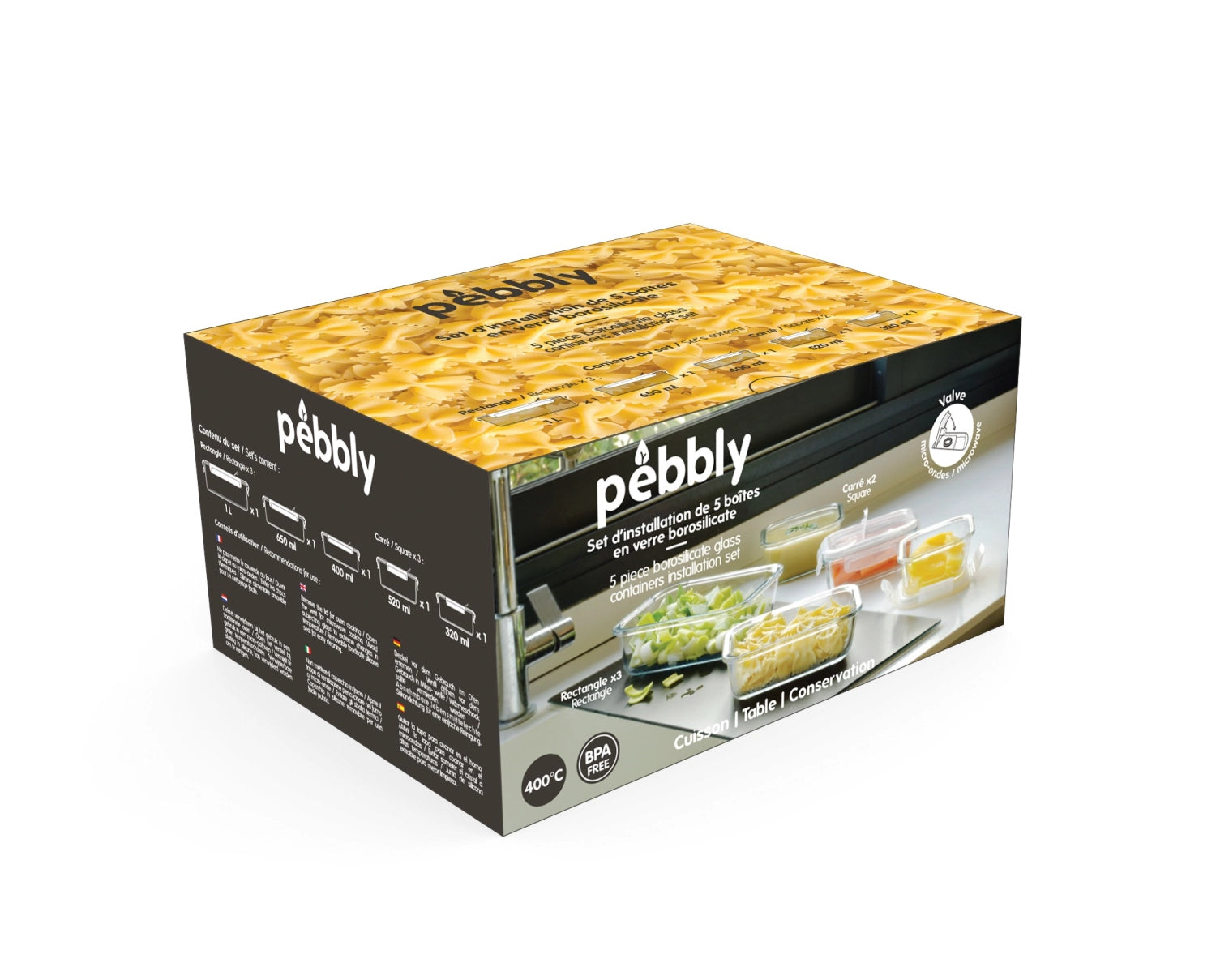 Praktisches 5-teiliges Glas Vorratsdose Set von Pebbly, ideal für die stilvolle Aufbewahrung und Organisation von Lebensmitteln in rechteckigen Formen.