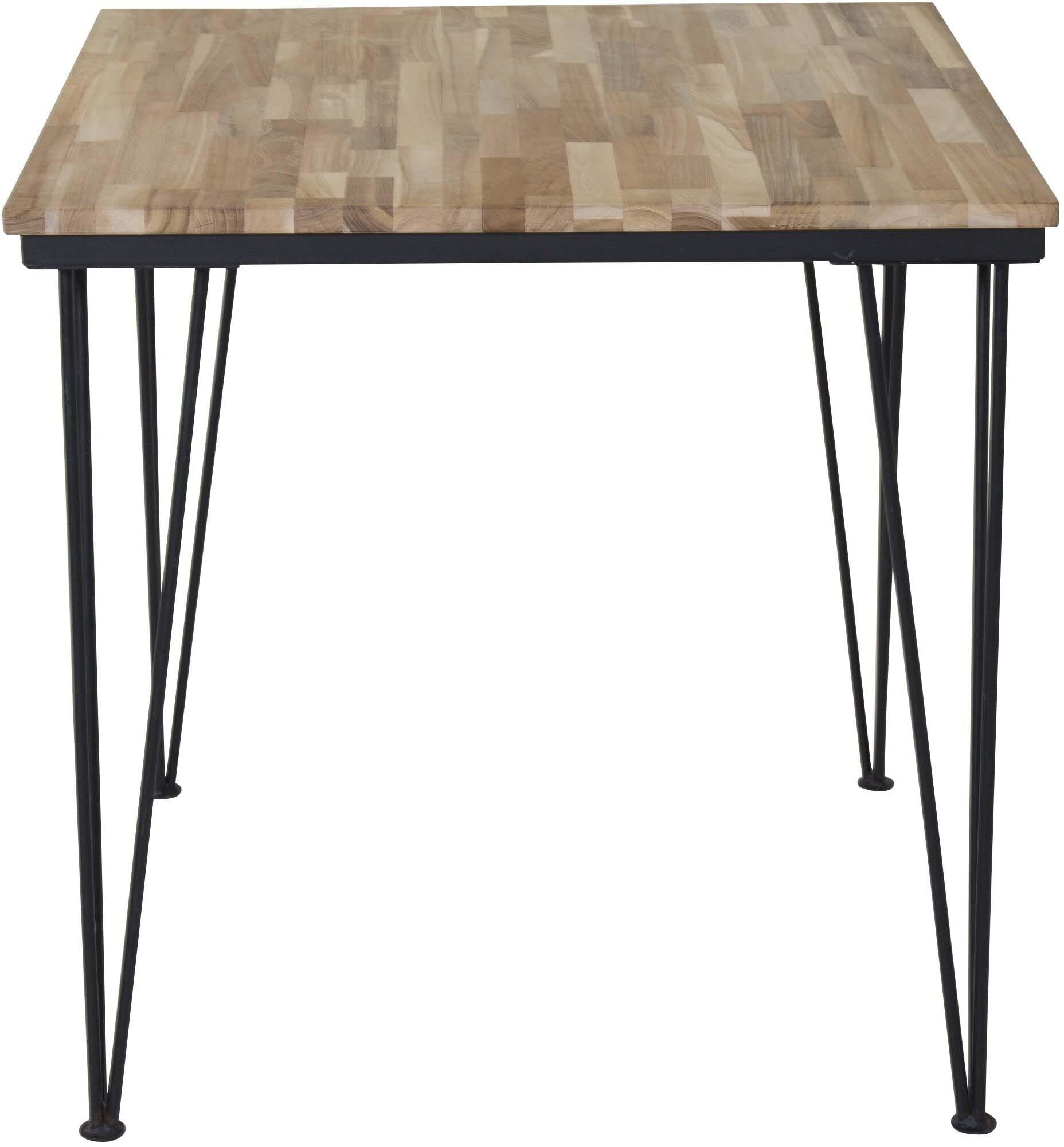 Entdecken Sie den Bali Esstisch von Venture Home: skandinavisches Design, hochwertige Teakholzplatte, moderne Metallbeine. Ideal für gesellige Abende!