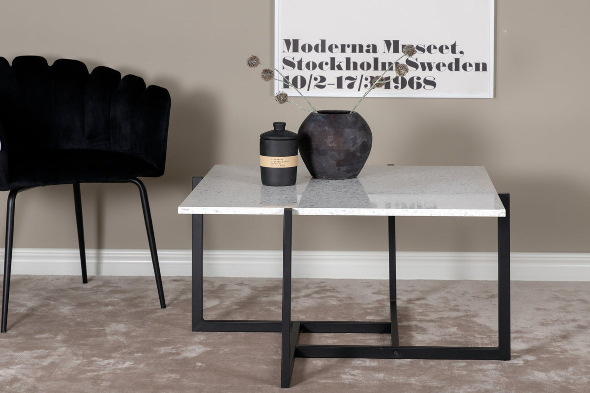 Beistelltisch Hybrid Coffee Tisch von Venture Home mit weisser Terrazzo-Tischplatte und schwarzem Stahlgestell, quadratische Form, freistehend.