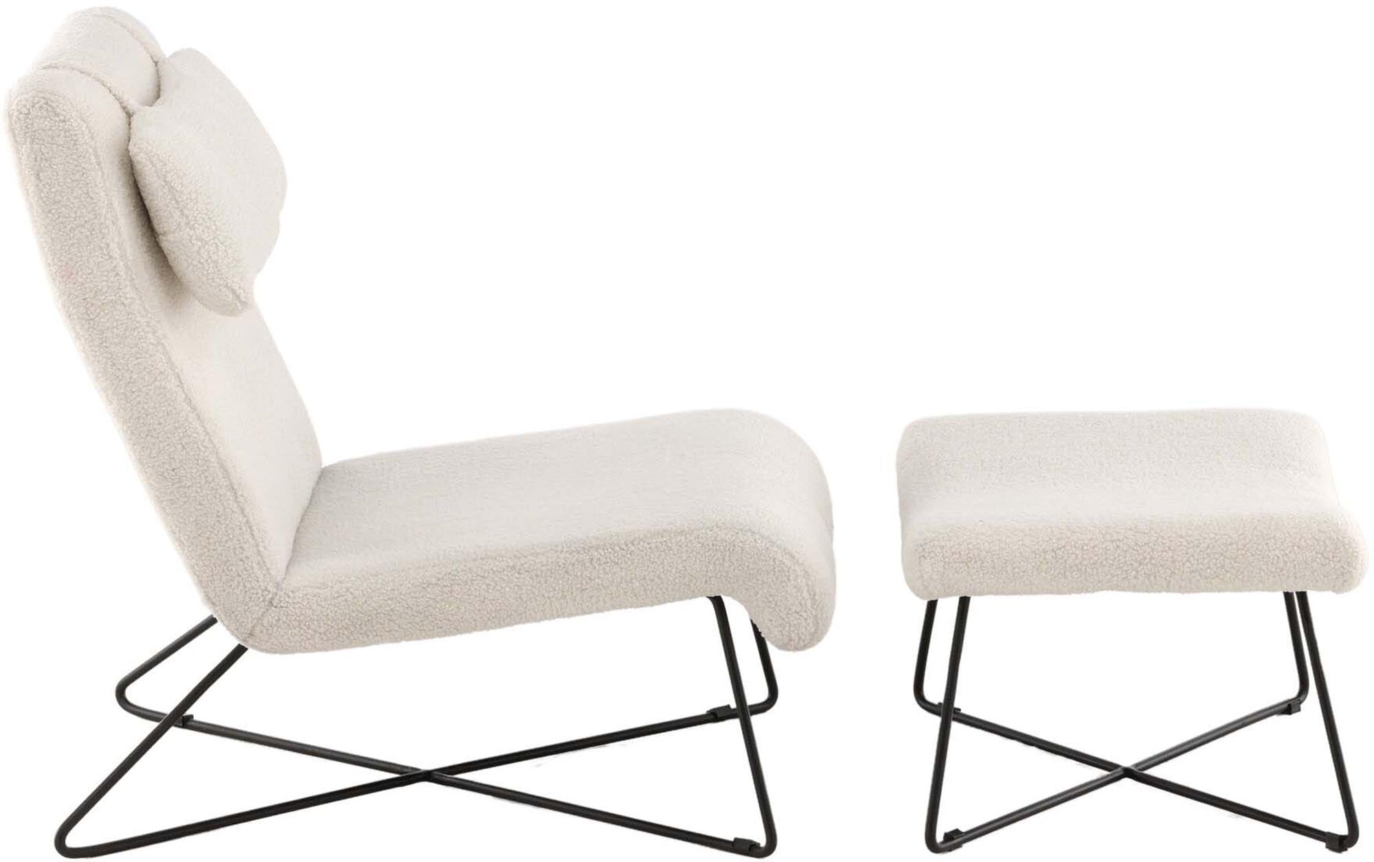 Eleganter Laconia Sessel: Weisser Boulé-Stoff, schwarzes Stahlgestell, Nackenkissen, skandinavisches Design, hoher Komfort.