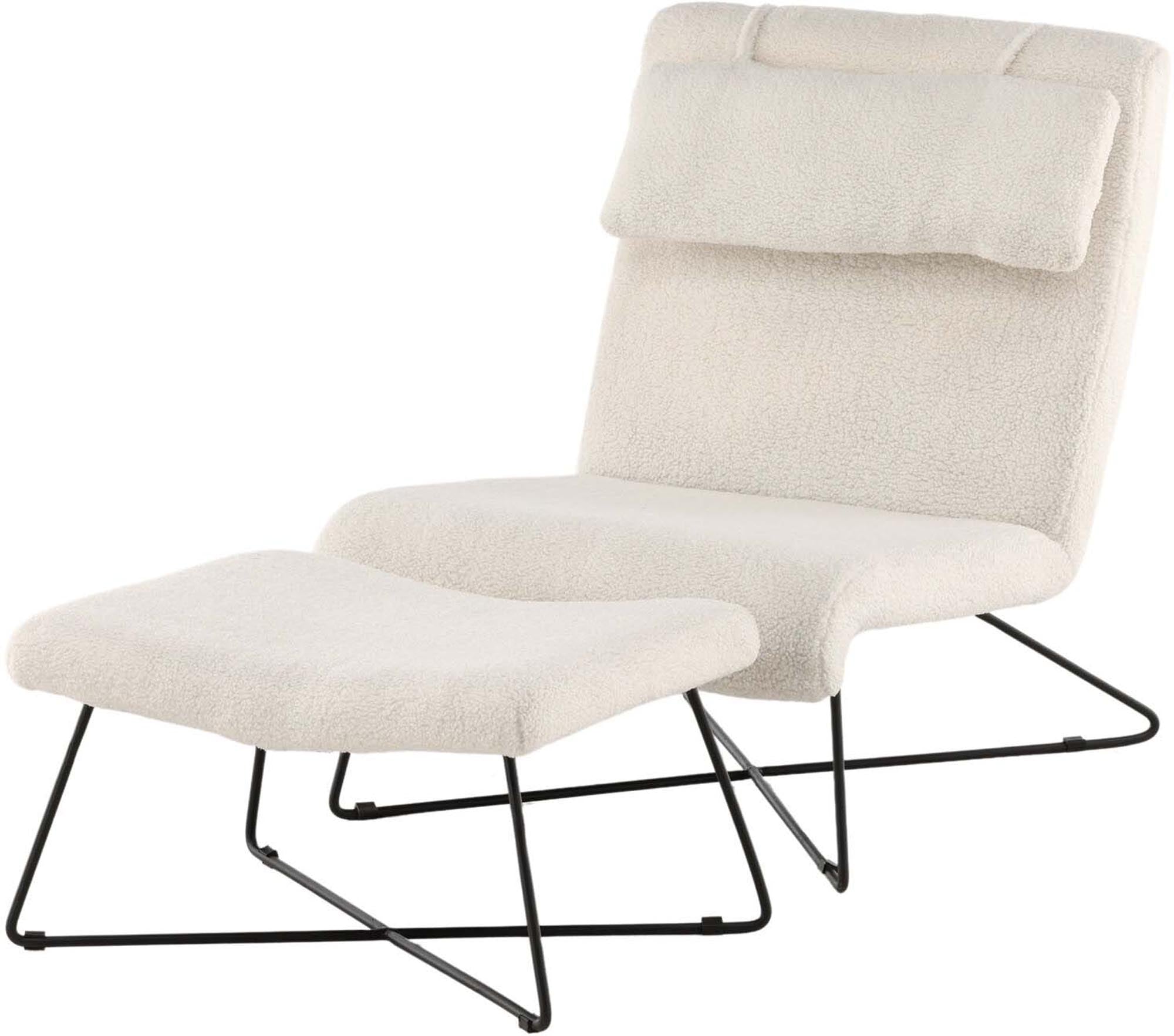 Eleganter Laconia Sessel: Weisser Boulé-Stoff, schwarzes Stahlgestell, Nackenkissen, skandinavisches Design, hoher Komfort.