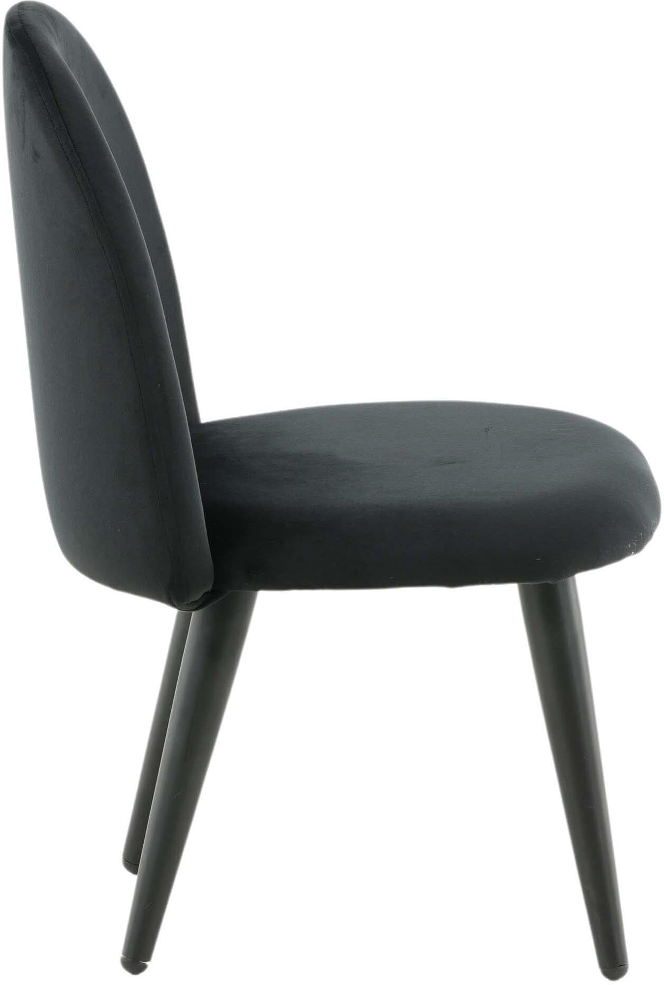 Eleganter Kinderstuhl aus schwarzem Samt mit stabilen, weissen Metallbeinen. Komfort und Stil für jedes Kinderzimmer.