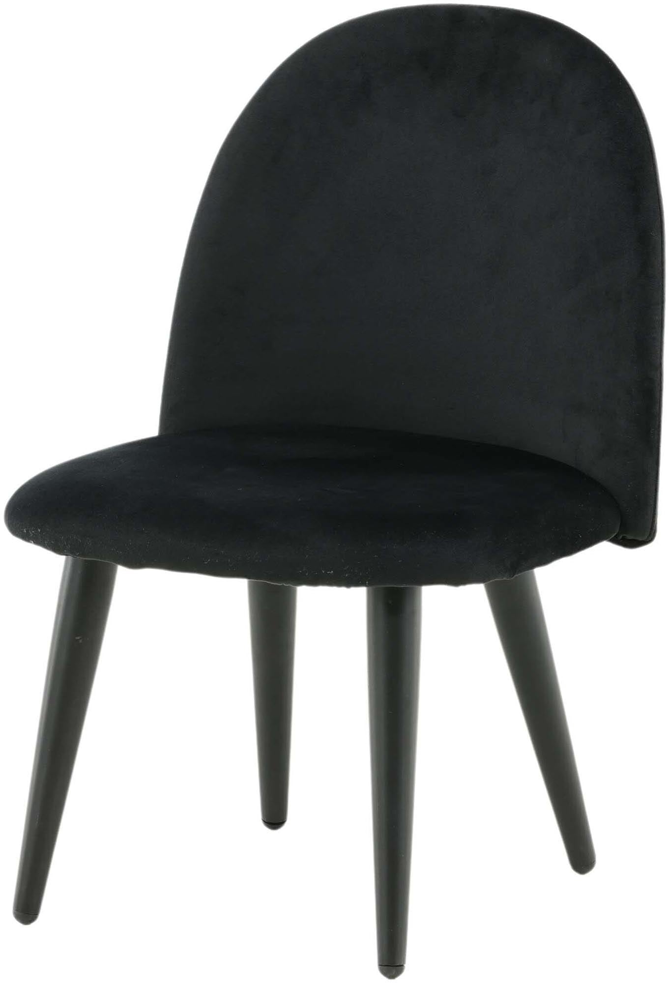 Eleganter Kinderstuhl aus schwarzem Samt mit stabilen, weissen Metallbeinen. Komfort und Stil für jedes Kinderzimmer.