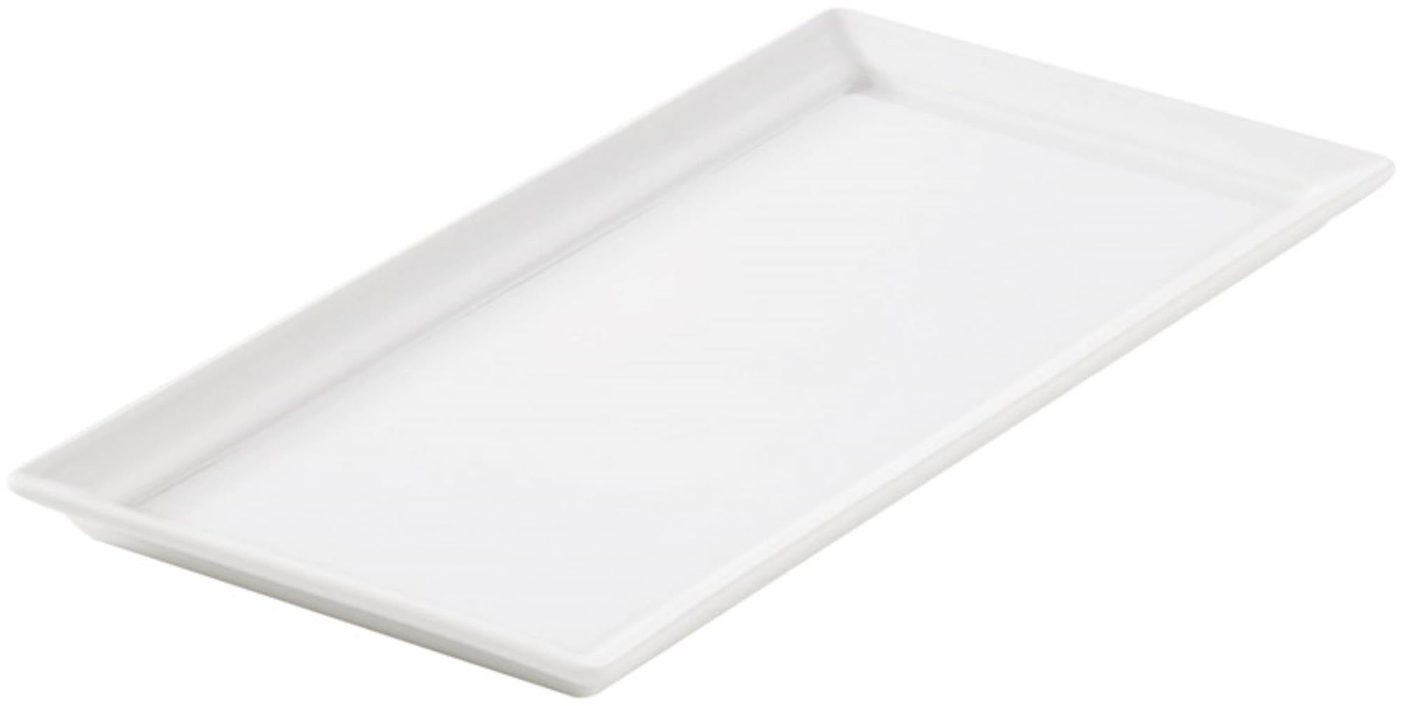 Elegante, weisse Porzellanplatte von Revol, 26x13x2 cm, ideal für Vorspeisen, Hauptgerichte und Desserts. Spülmaschinen- und ofenfest.