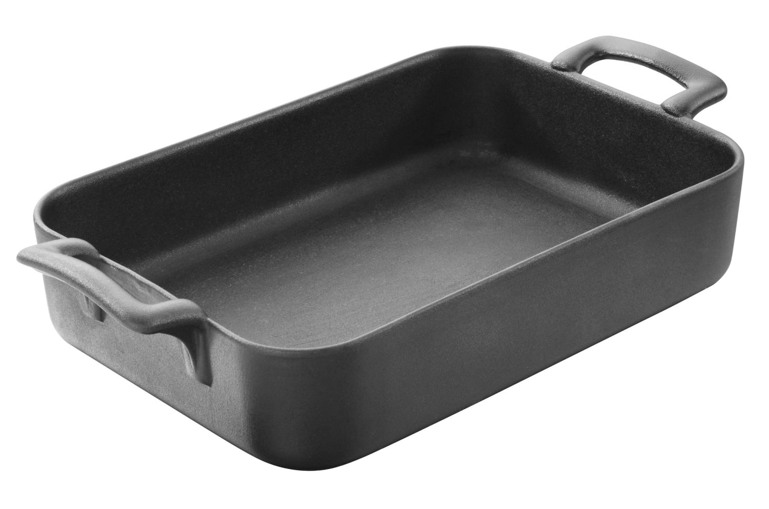 Elegante rechteckige Auflaufform in Gusseisen-Optik (34x25x6.5 cm), perfekt für köstliche Aufläufe und ansprechende Tischpräsentationen.
