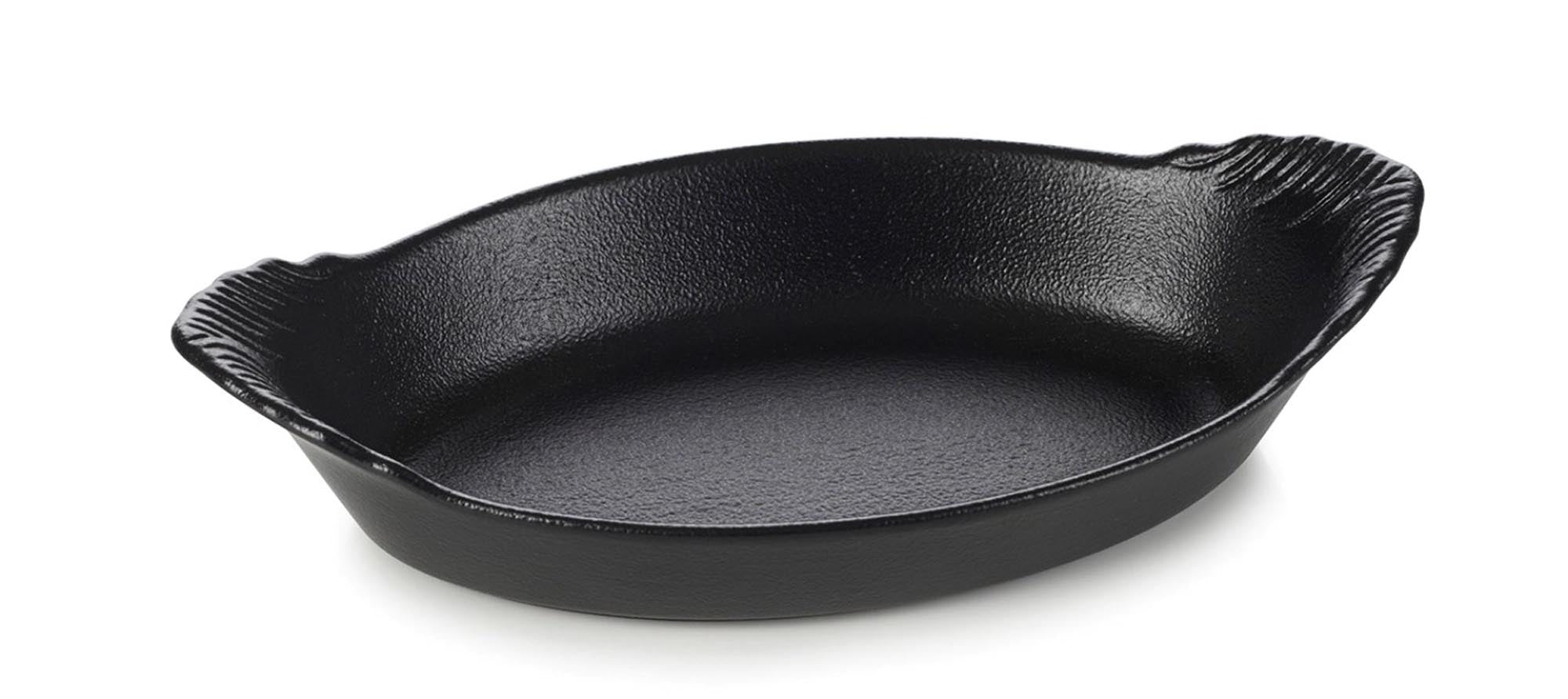 Entdecken Sie die ovale Gratinschüssel von Revol (20x11x4 cm) in Gusseisen-Optik. Ideal für Gratins, Aufläufe und Kuchen. Hochwertiges Porzellan, spülmaschinenfest, mit praktischen Griffen für sicheren Halt.