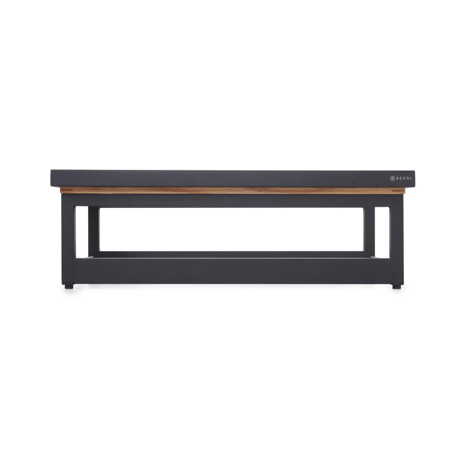 Stilvoller En Scene Hoher Presenter für GN 1/1, gefertigt aus robustem mattschwarzem Metall und edlem Eichenholz. Perfekt für Buffets und Events.